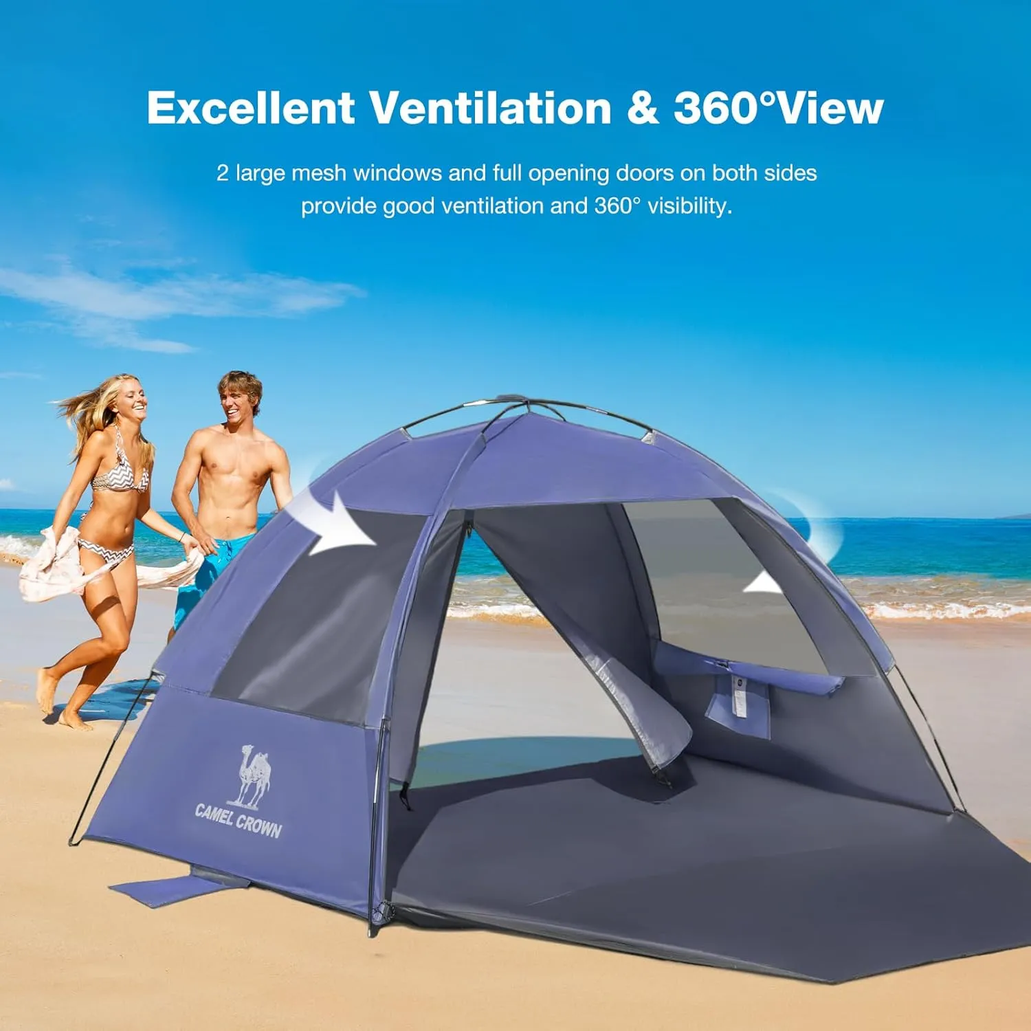 CAMEL CROWN Beach Tent UPF 50  Sun Shelter for 2/3/5/6 Person, Lightweight Portable Sun Shade with Sand Anchor, Family Beach Day & Outdoor Adventures