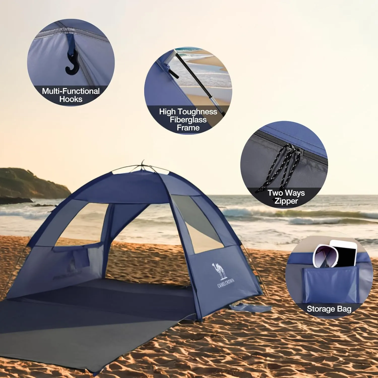 CAMEL CROWN Beach Tent UPF 50  Sun Shelter for 2/3/5/6 Person, Lightweight Portable Sun Shade with Sand Anchor, Family Beach Day & Outdoor Adventures
