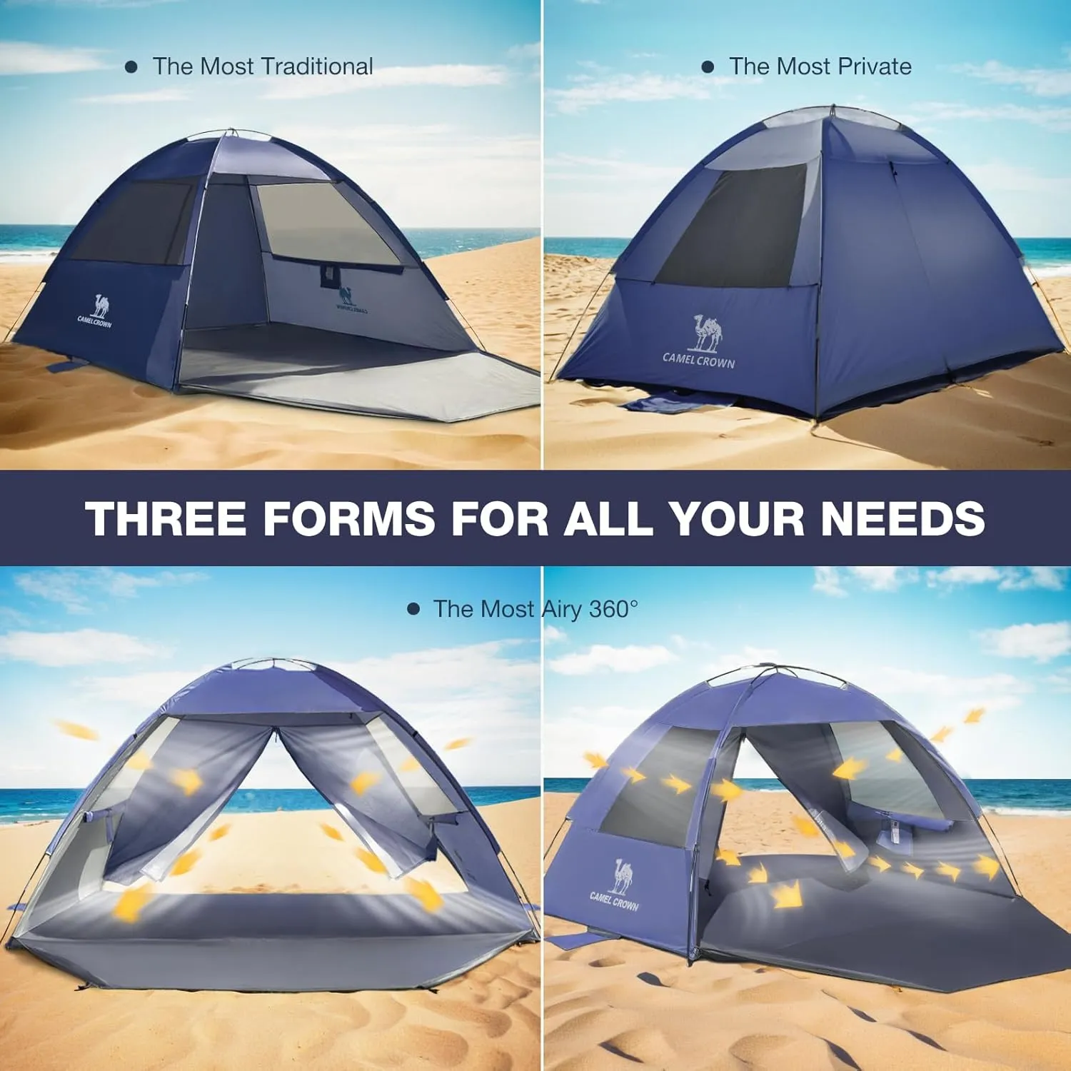 CAMEL CROWN Beach Tent UPF 50  Sun Shelter for 2/3/5/6 Person, Lightweight Portable Sun Shade with Sand Anchor, Family Beach Day & Outdoor Adventures
