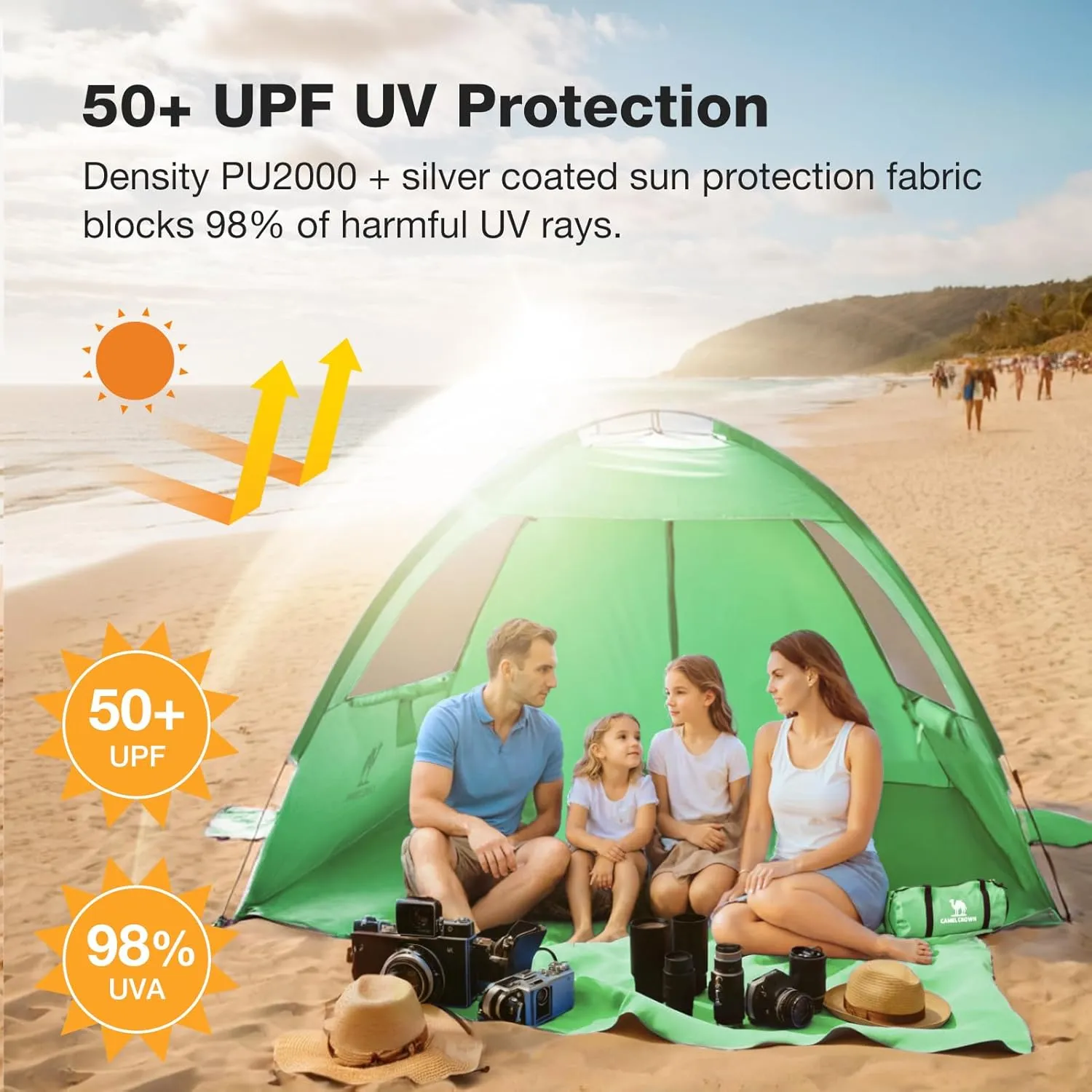 CAMEL CROWN Beach Tent UPF 50  Sun Shelter for 2/3/5/6 Person, Lightweight Portable Sun Shade with Sand Anchor, Family Beach Day & Outdoor Adventures