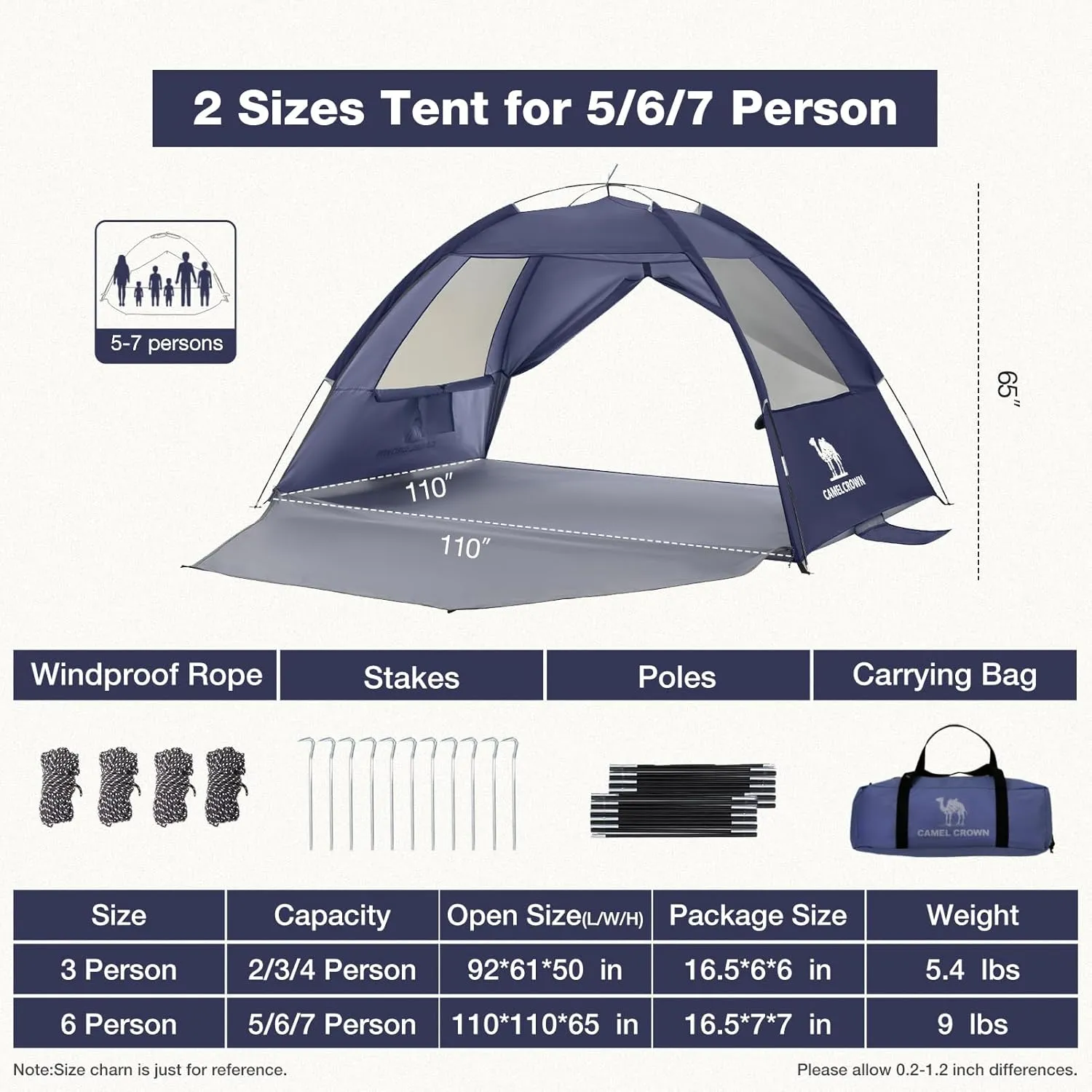 CAMEL CROWN Beach Tent UPF 50  Sun Shelter for 2/3/5/6 Person, Lightweight Portable Sun Shade with Sand Anchor, Family Beach Day & Outdoor Adventures