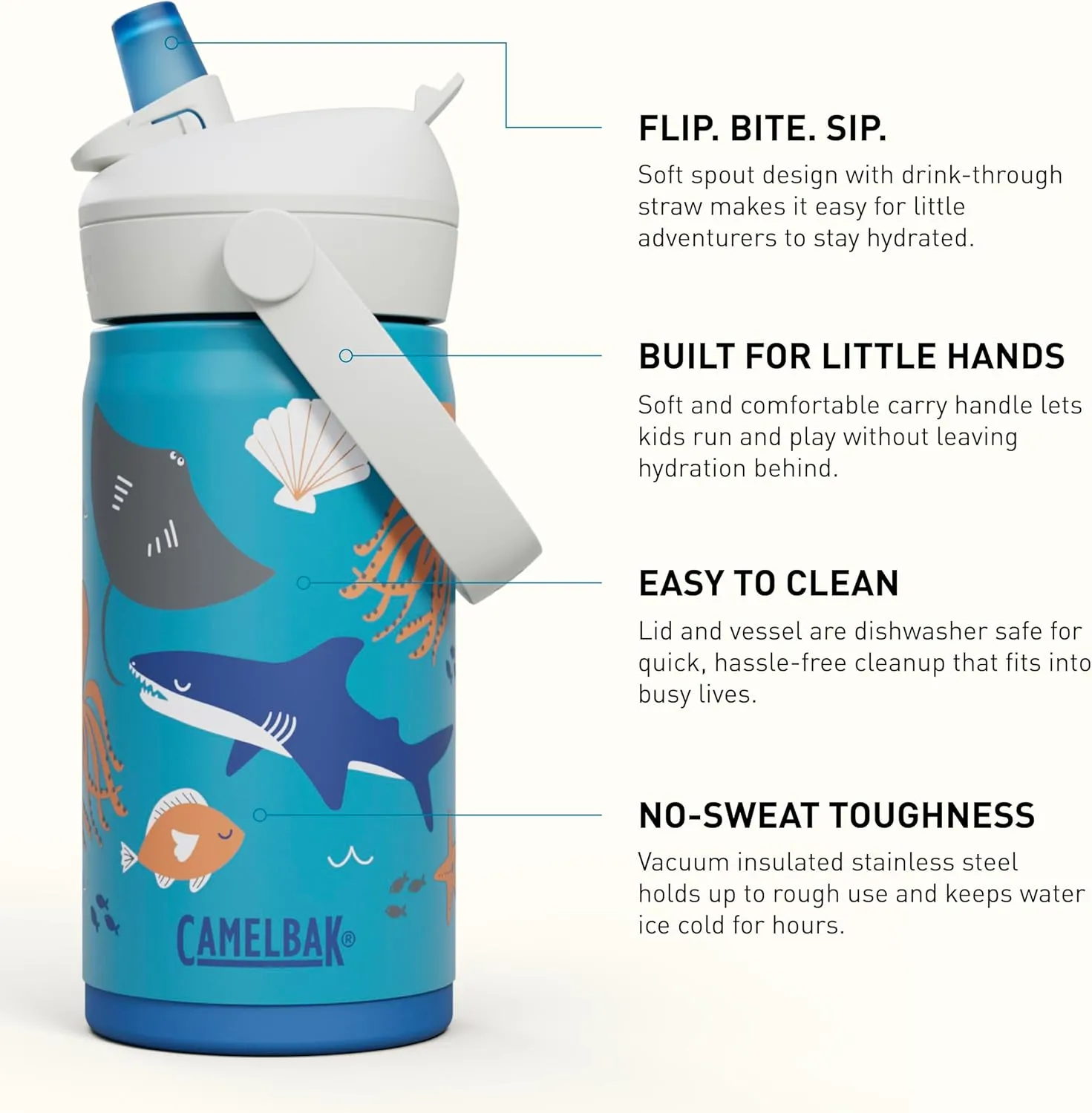 CamelBak Thrive Flip Straw Kids Bite Valve Insulated Stainless Steel Water Bottle Ocean Life, 12oz