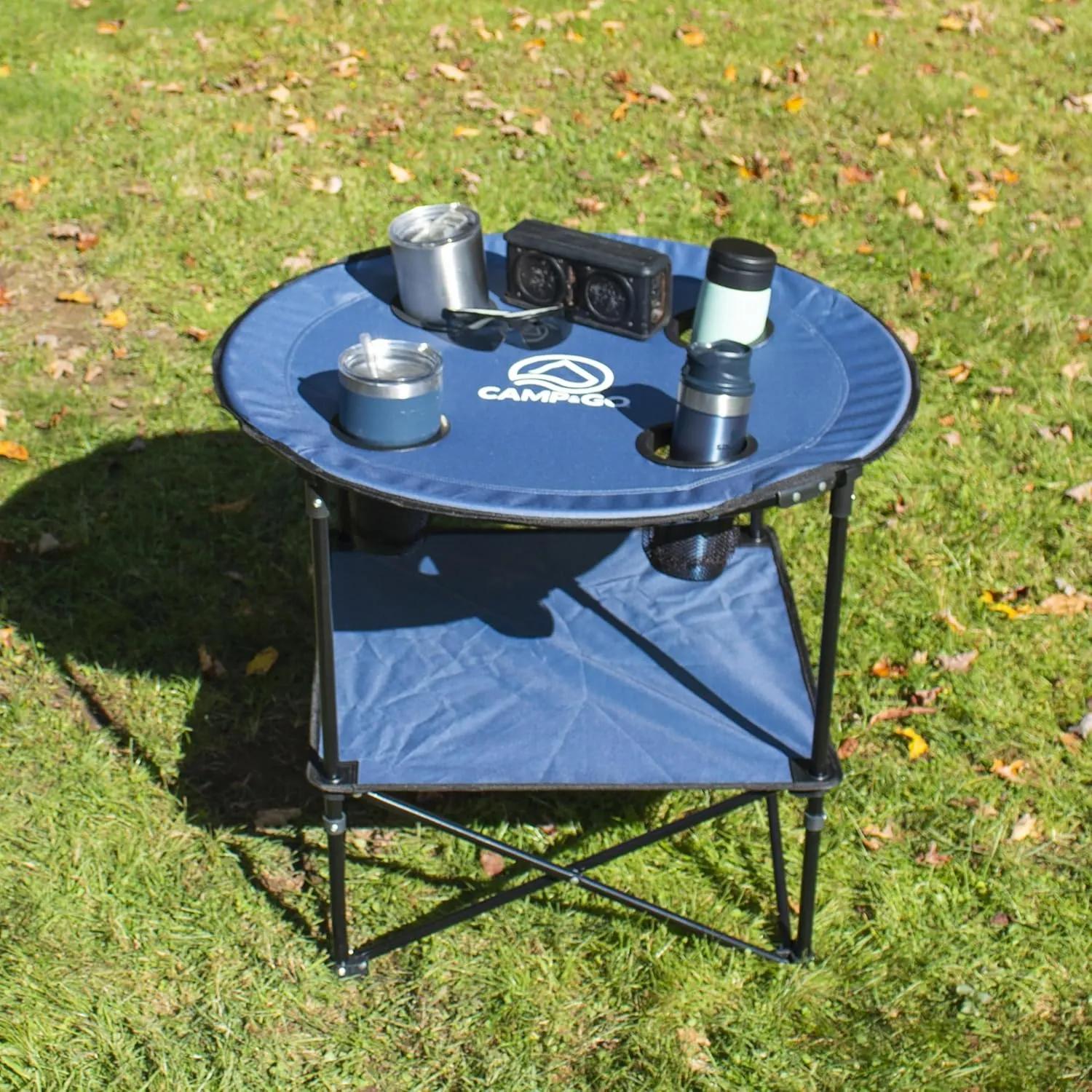 CAMP & GO 28" Round Lightweight Fabric Portable Folding Beach Cupholders Table, Slate Blue