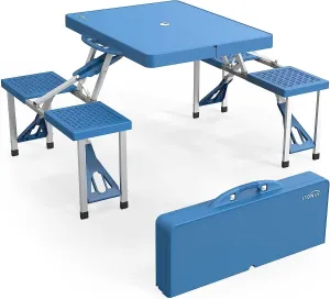 Camping Table, 4 Ft Camping Picnic Table Set with 4 Seats with Umbrella Hole Folding Lightweight Suitcase Card Table-220 Lbs Support Aluminum Frame, Plastic RV Tabletop for Barbecue,Travel,Outing,Gath