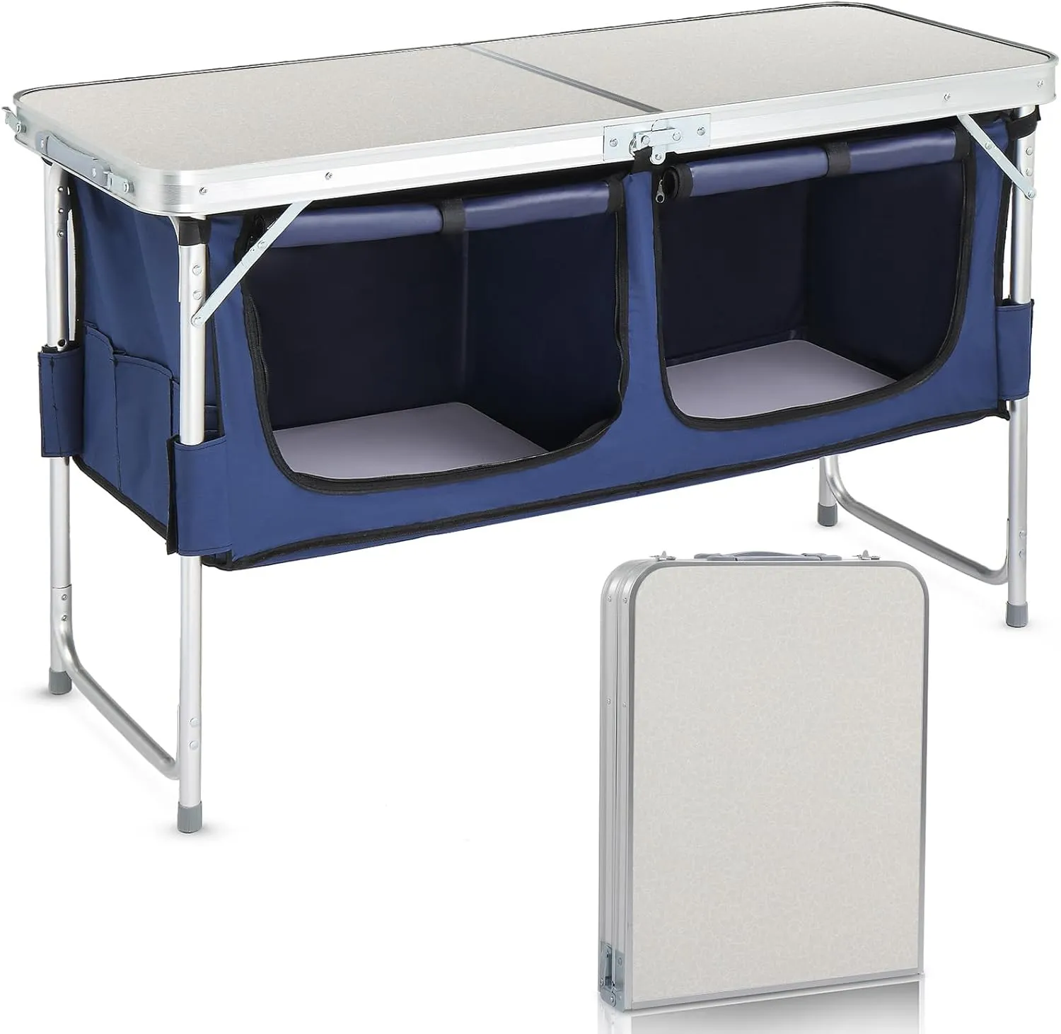 Camping Table 4Ft Folding Table, 3 Adjustable Height Picnic Table with Storage Aluminum Fold Up Lightweight for Outdoor Beach Grill BBQ Travel (White)