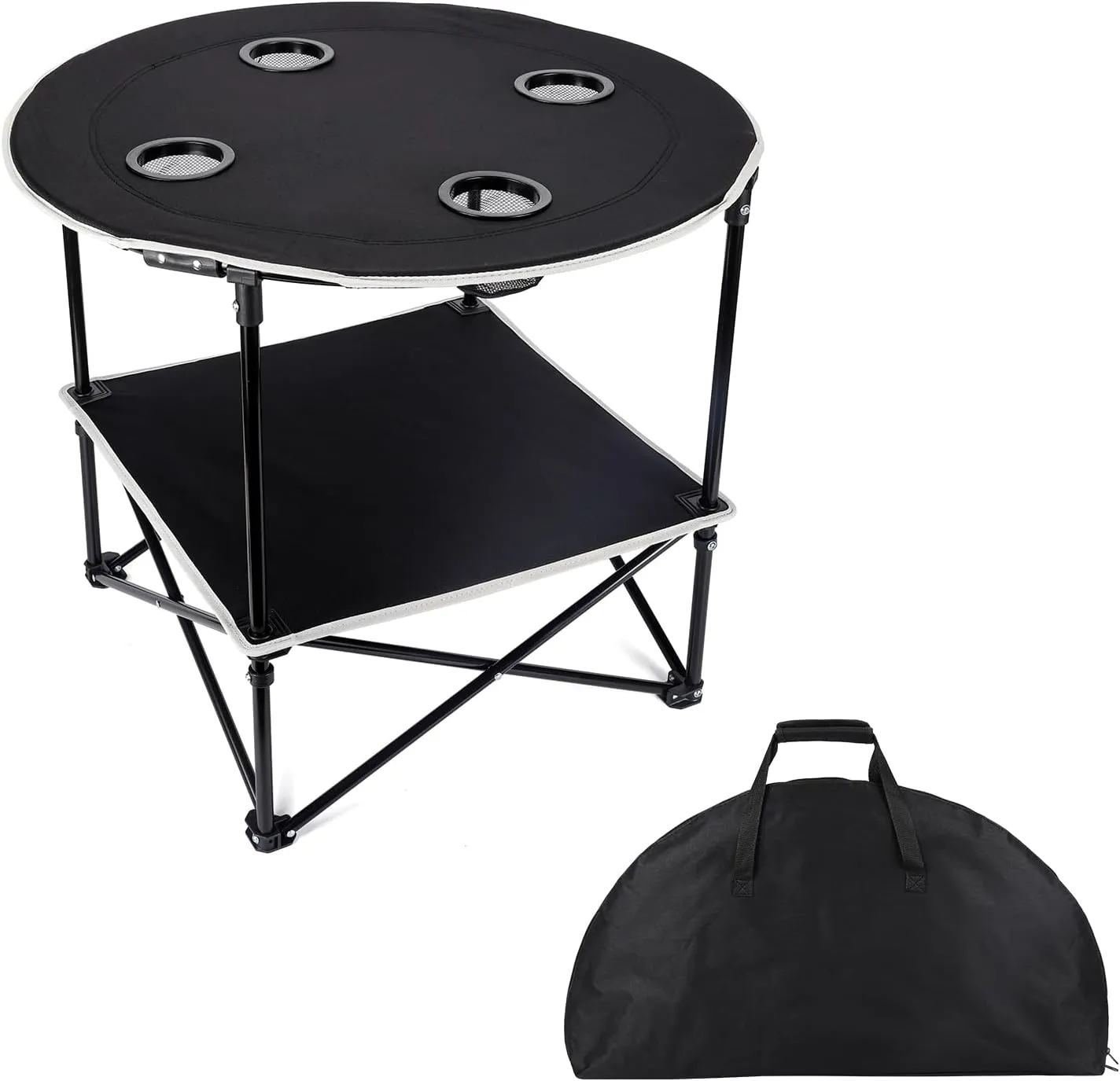 Camping Table Beach Table 4 Cup Holders with Steel Frame Lightweight 600D Oxford Folding Picnic Table with Carrying Bag Fishing Table for Outdoor Indoor Beach Grill Travel BBQ Barbucue White