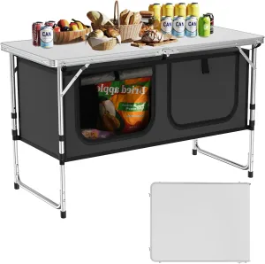 Camping Table, Folding Camping Table with Storage, Lightweight & Portable, 3 Heights Adjustable Folding Table for BBQ, Camping, Picnic and Indoor Use, Grey