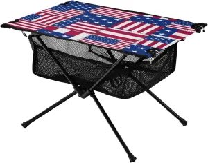 Camping Table Lightweight Portable Folding Table with Mesh Storage Net Patchwork Seamless Stripes Stars USA Flag Ideal for Camping Hiking Beach Picnic Travel Backyard