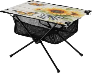 Camping Table Lightweight Portable Folding Table with Mesh Storage Net Wood Grain White Sunflower Butterfly Ideal for Camping Hiking Beach Picnic Travel Backyard