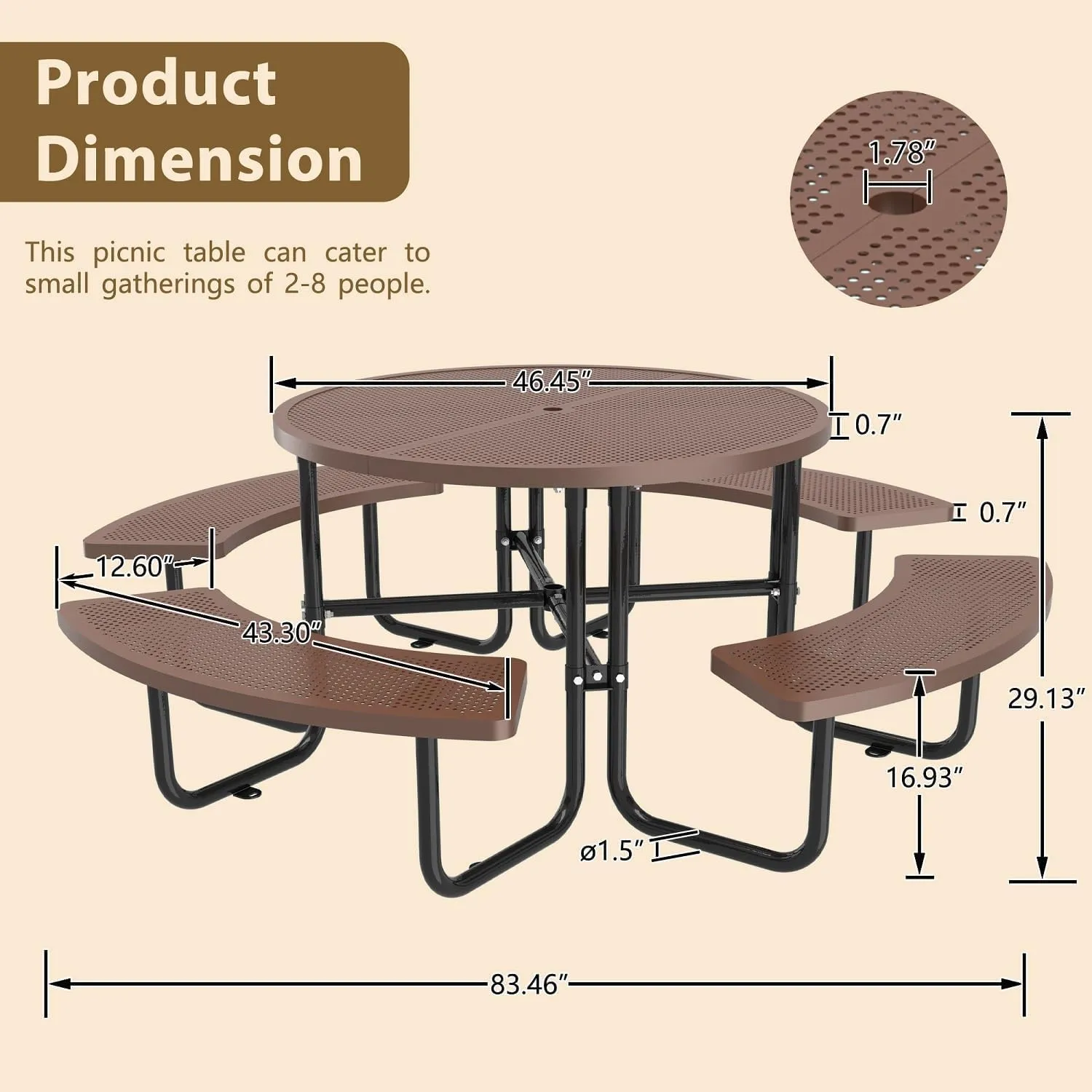 Camping Table, Round Metal Picnic Table with Umbrella Hole, Open Air 46 Inch Portable Picnic Table Furniture, Sturdy Stainless Steel Mesh Commercial Tables for Outdoor, Patio, Store, Easy Installation