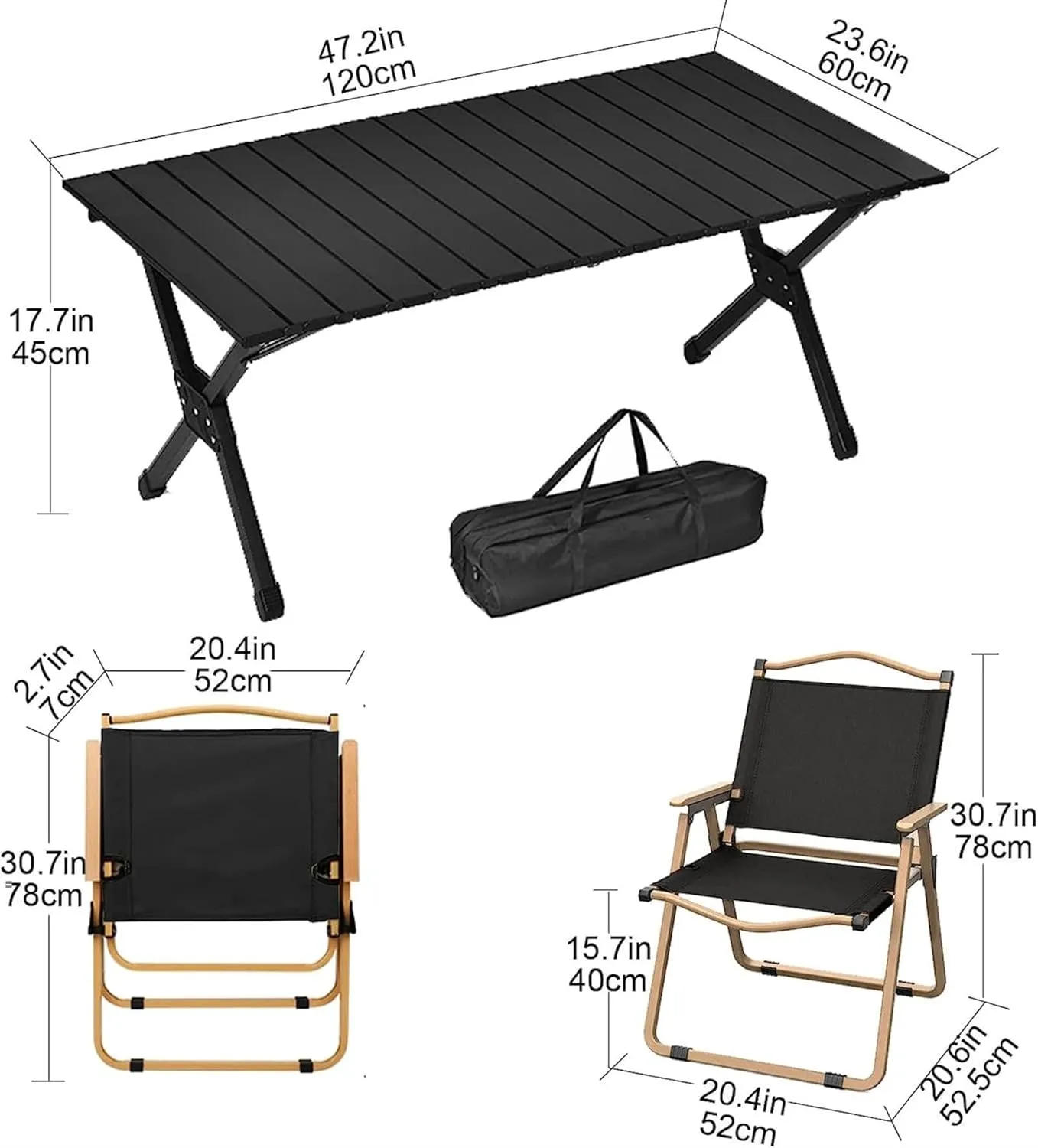 Camping Tables Folding Table Chair Set with Roll up Desktop Portable Beach Tables Camp Table for Sand Garden BBQ Party,with Carry Bag/Set 4Ft Table   4 Chairs