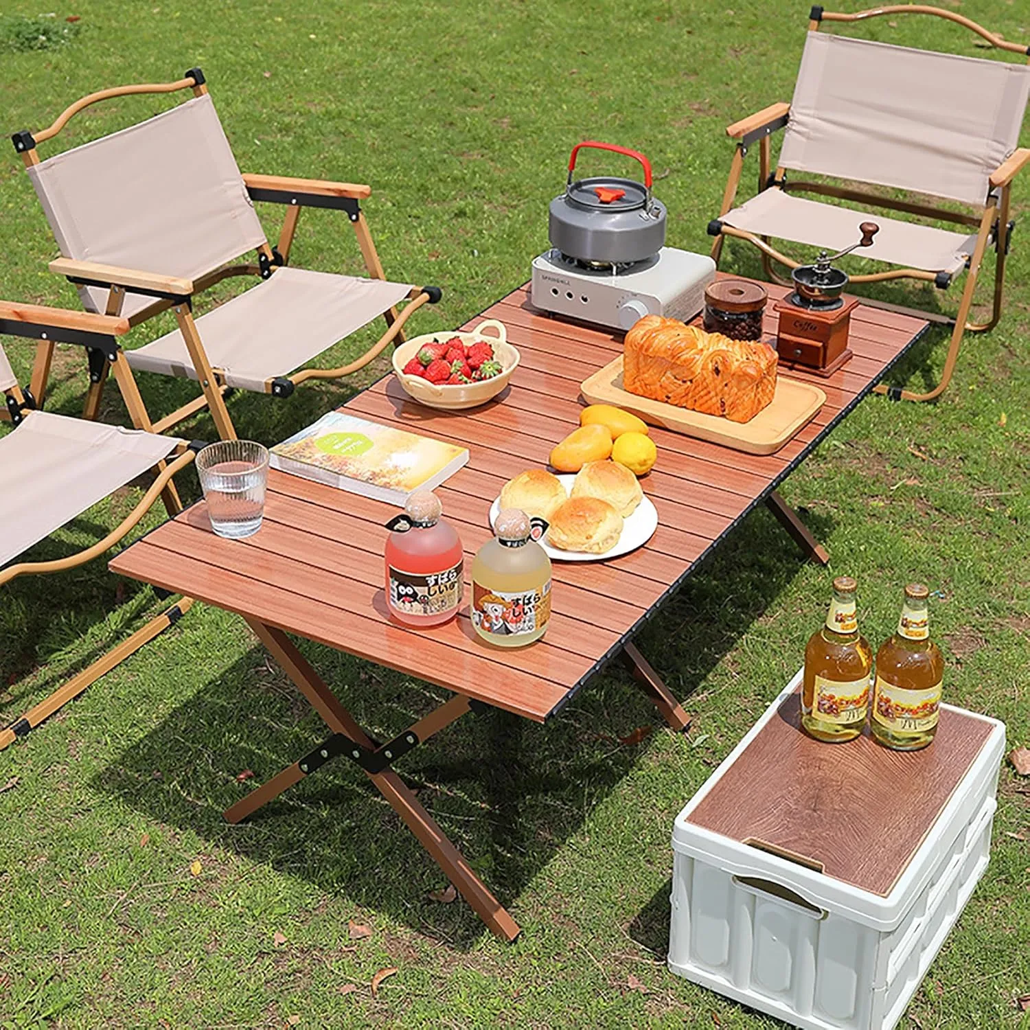 Camping Tables That Fold Up Lightweight, Aluminum Roll Up Portable Folding Camp Picnic Table With Four Chairs, Collapsible Side Table For Outdoor Activities Beach, BBQ,Hiking And Dining,for 4-8 People