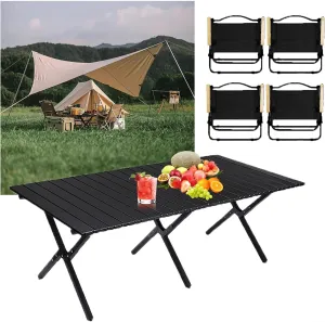 Camping Tables That Fold Up Lightweight, Aluminum Roll Up Portable Folding Camp Picnic Table With Four Chairs, Collapsible Side Table For Outdoor Activities Beach, BBQ,Hiking And Dining,for 4-8 People