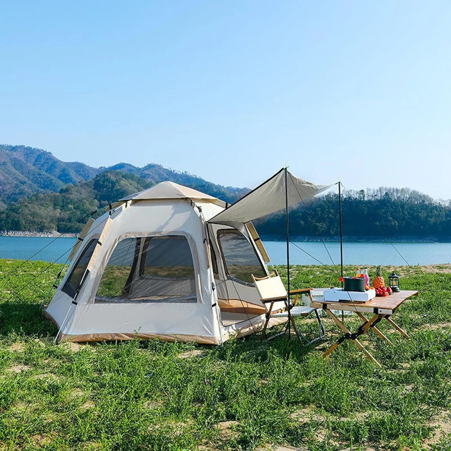 Camping Tent Automatic Hydraulic Pop Up Instant Tent 4-8 Person Outdoor Portable Picnic Camping Tent Hexagonal Design 2 Doors 4 Mesh Windows