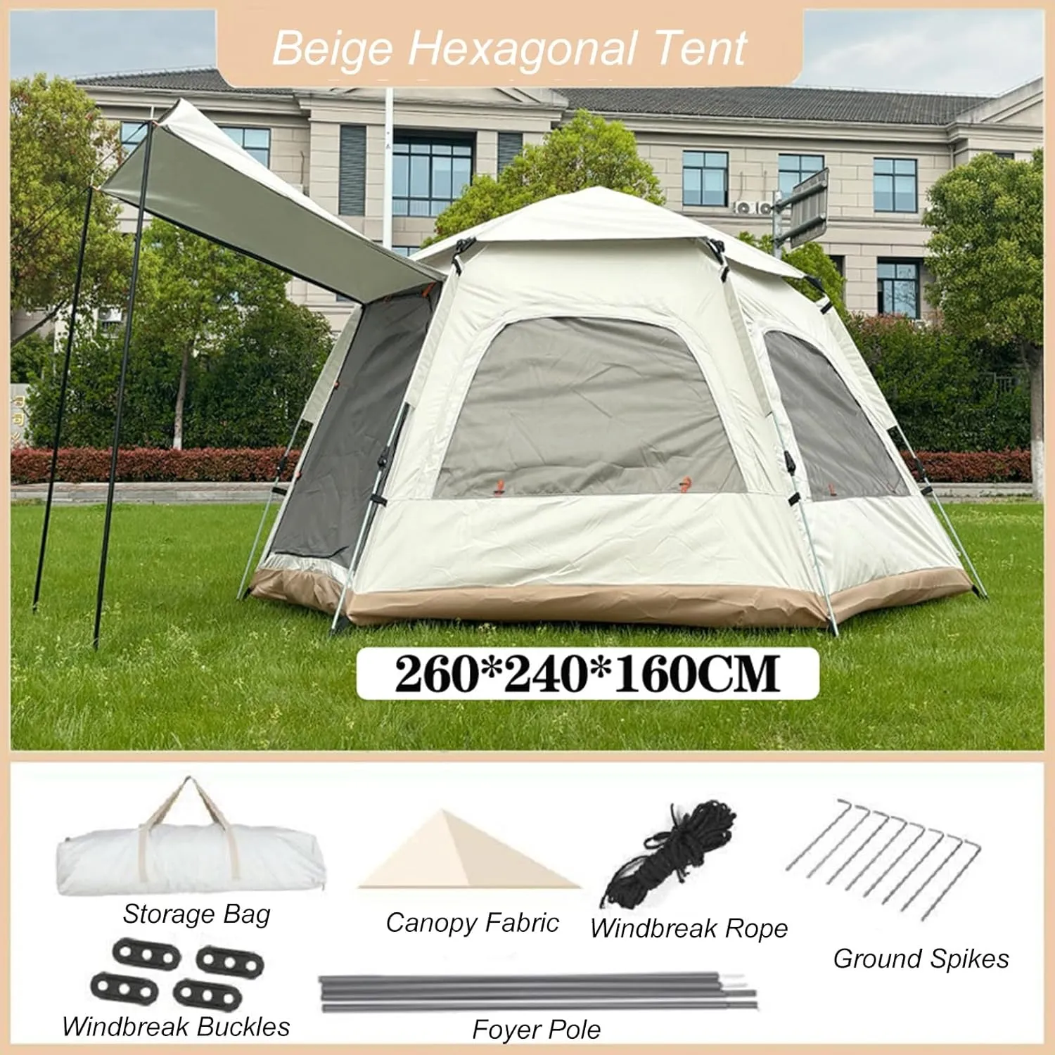 Camping Tent Automatic Hydraulic Pop Up Instant Tent 4-8 Person Outdoor Portable Picnic Camping Tent Hexagonal Design 2 Doors 4 Mesh Windows