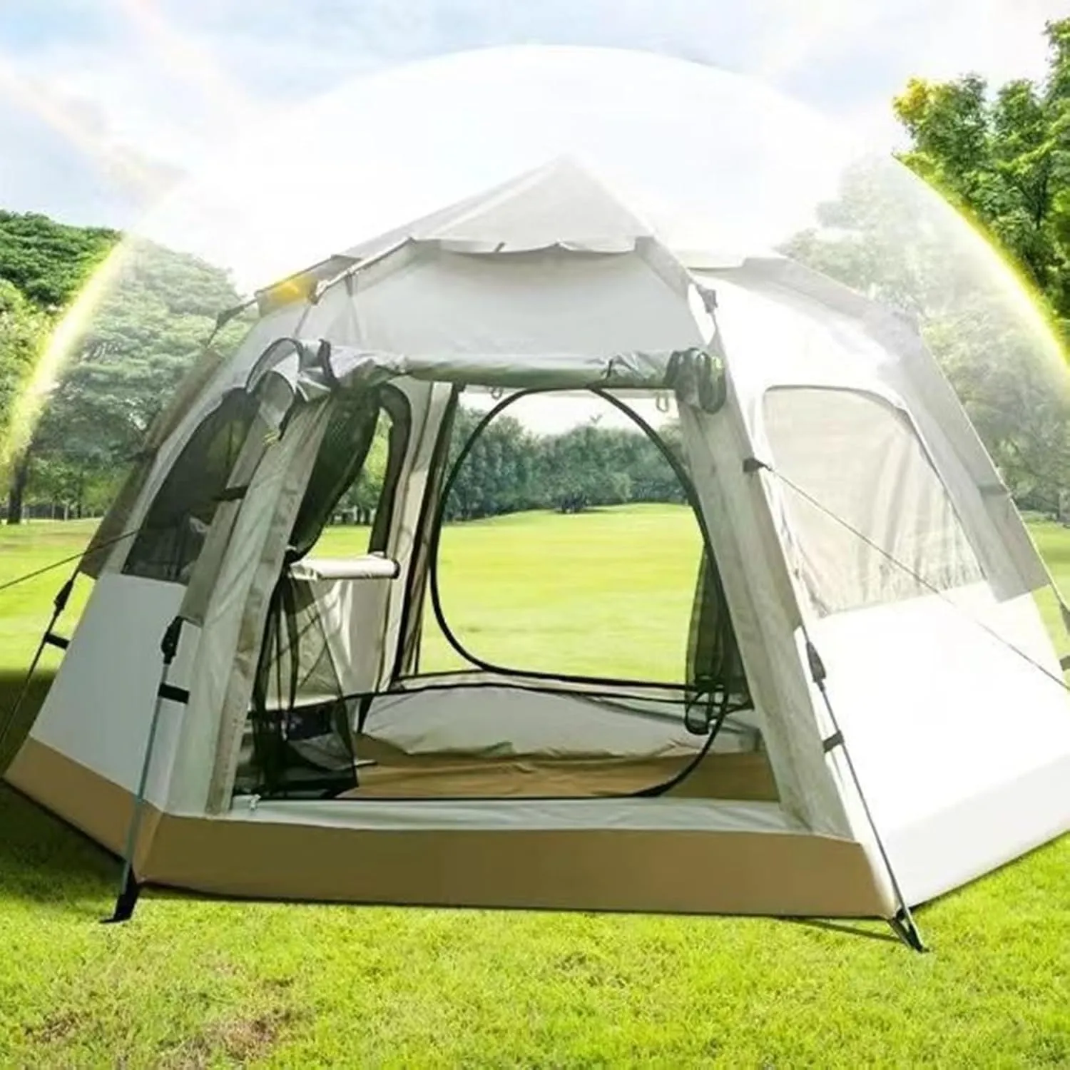 Camping Tent Automatic Hydraulic Pop Up Instant Tent 4-8 Person Outdoor Portable Picnic Camping Tent Hexagonal Design 2 Doors 4 Mesh Windows