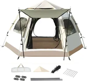 Camping Tent Automatic Hydraulic Pop Up Instant Tent 4-8 Person Outdoor Portable Picnic Camping Tent Hexagonal Design 2 Doors 4 Mesh Windows