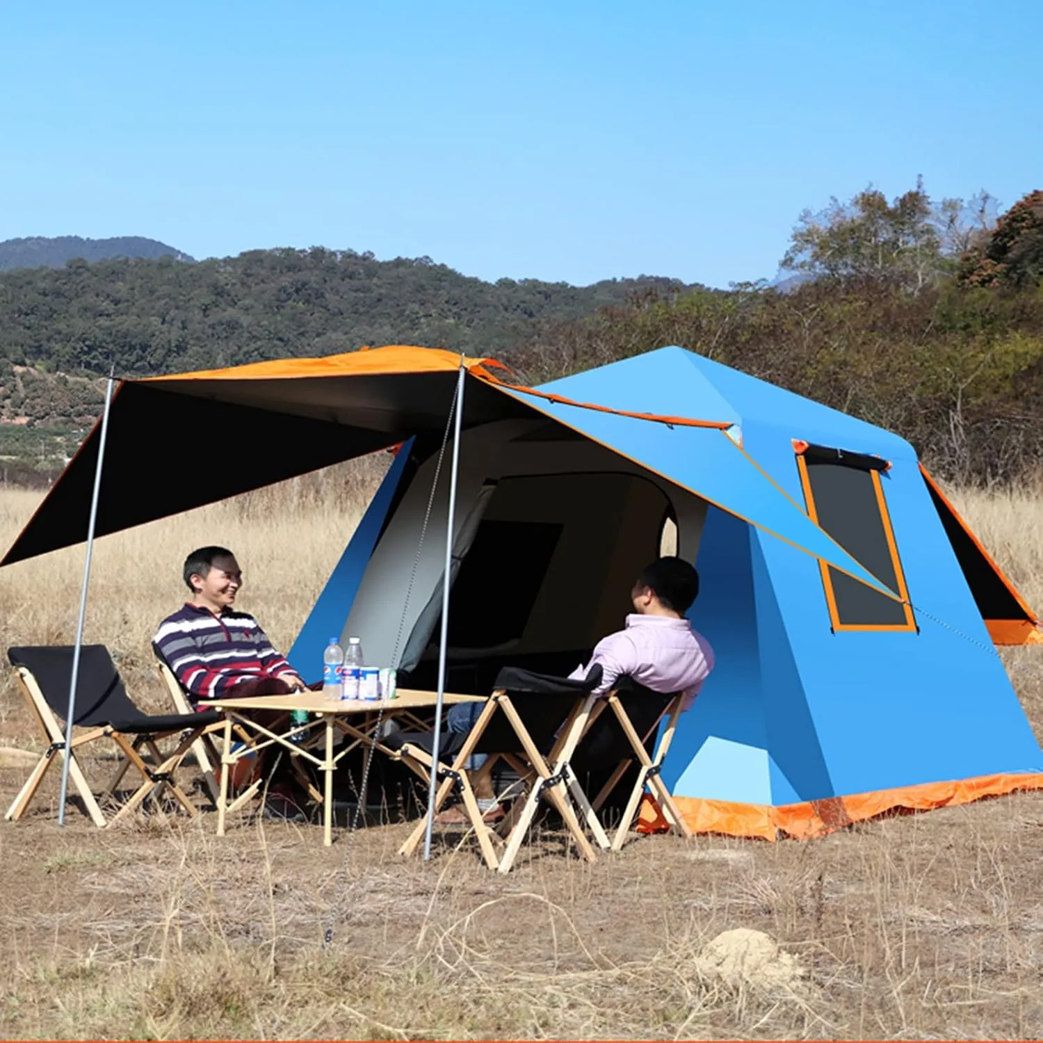 Camping Tents Shelter Portable Waterproof Hold 3-4 Persons Instant Setup Pop Up Tent with Top Rainfly Doors Mesh Windows UV Protection Carry BagFor Camping Hiking Mountaineering ( Color : Blue )