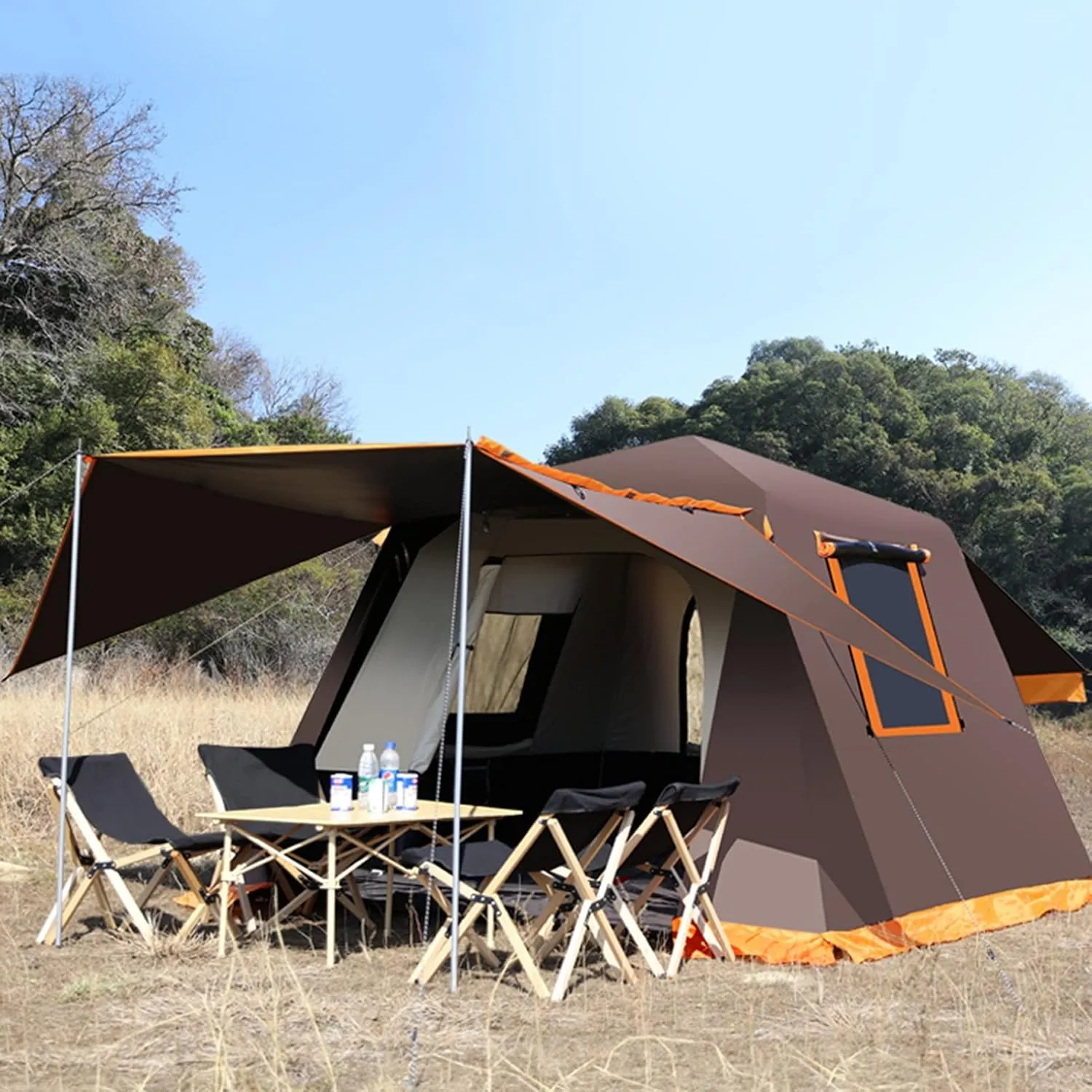 Camping Tents Shelter Portable Waterproof Hold 3-4 Persons Instant Setup Pop Up Tent with Top Rainfly Doors Mesh Windows UV Protection Carry BagFor Camping Hiking Mountaineering ( Color : Brown )