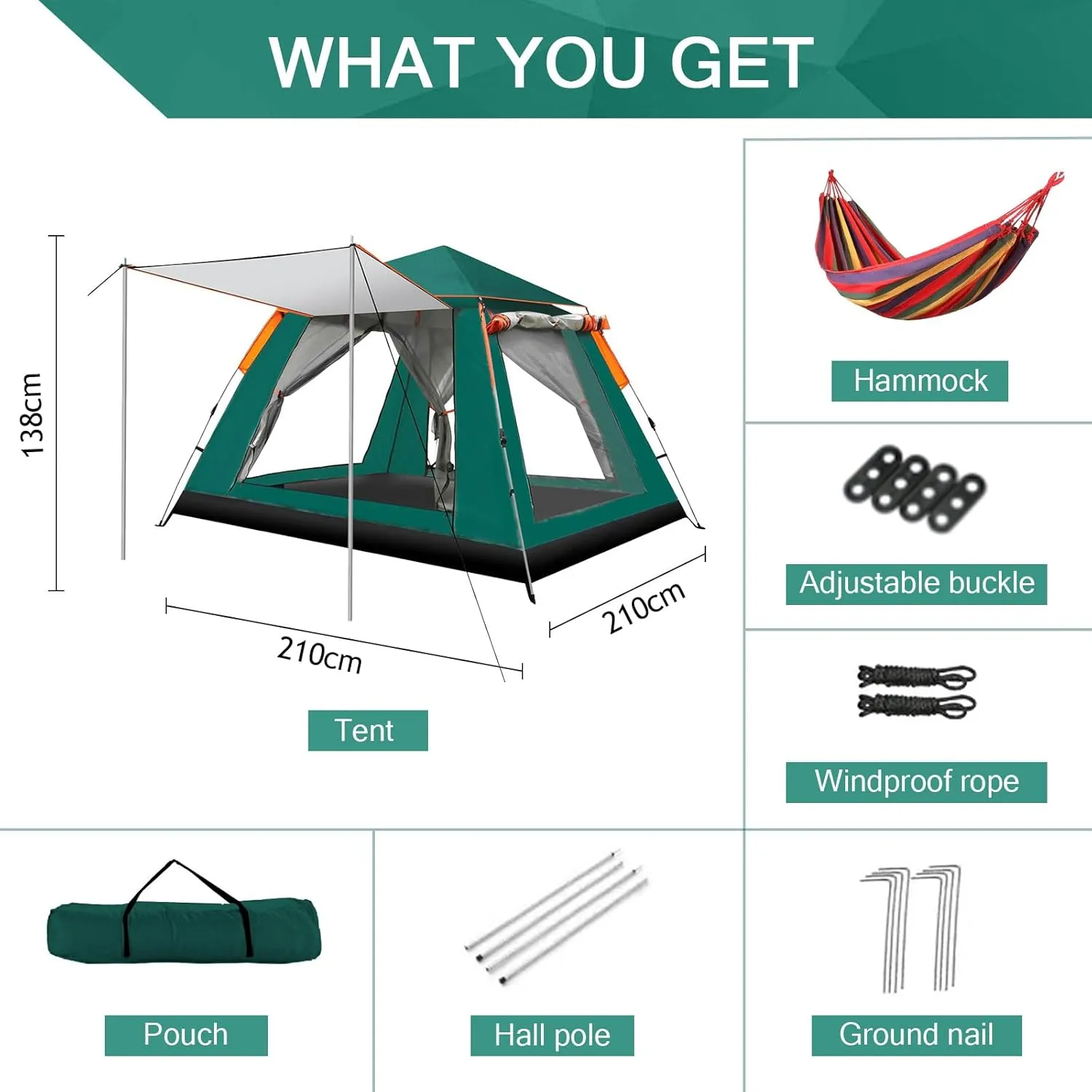 Camping Tents with Hammock for 3 to 4 Persons, Lightweight Family Tent with Mesh Windows Waterproof Easy Tents Instant Pop-Up Tents 60s Easy Setup Tent for Adults Kids Hiking Music Festival