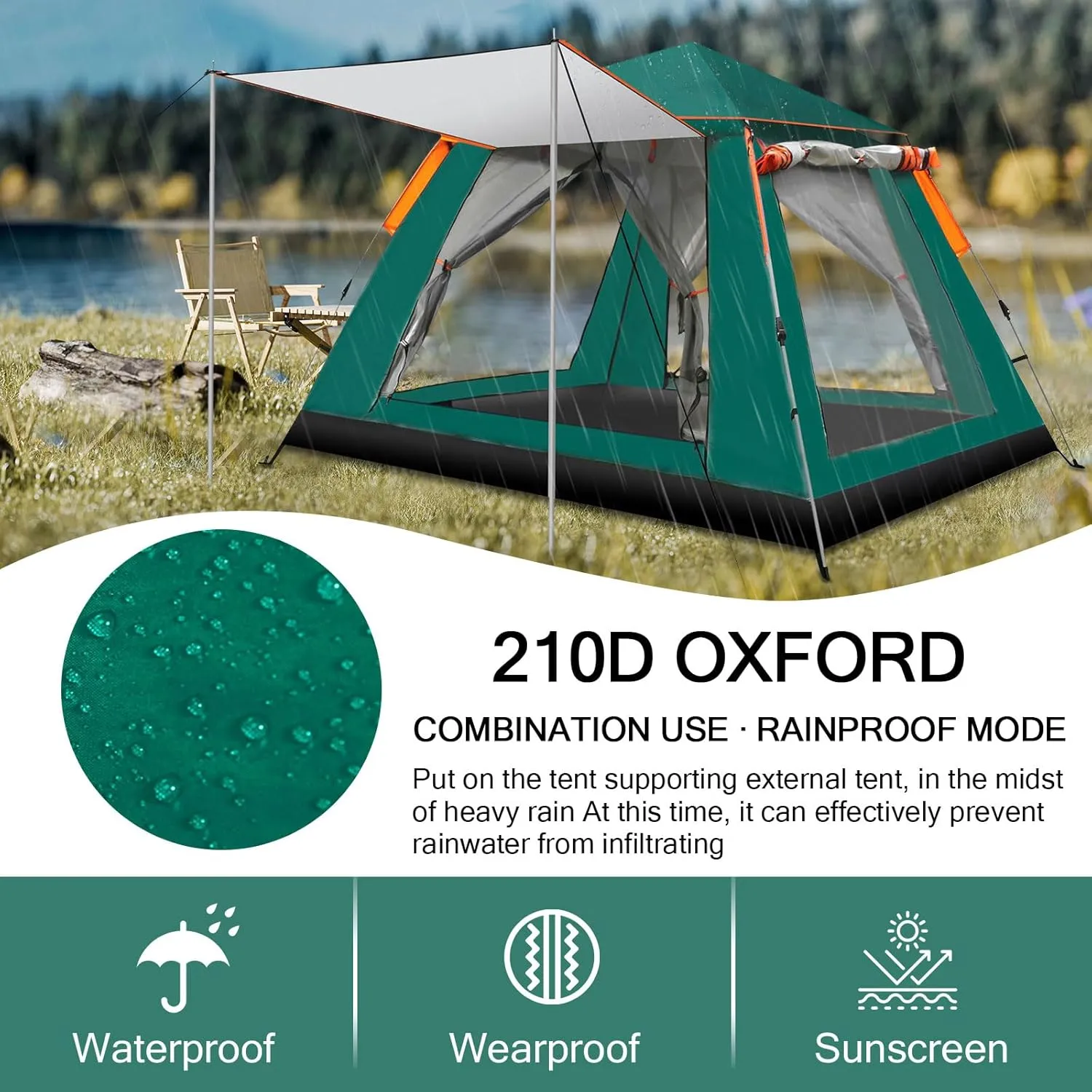 Camping Tents with Hammock for 3 to 4 Persons, Lightweight Family Tent with Mesh Windows Waterproof Easy Tents Instant Pop-Up Tents 60s Easy Setup Tent for Adults Kids Hiking Music Festival