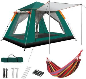 Camping Tents with Hammock for 3 to 4 Persons, Lightweight Family Tent with Mesh Windows Waterproof Easy Tents Instant Pop-Up Tents 60s Easy Setup Tent for Adults Kids Hiking Music Festival