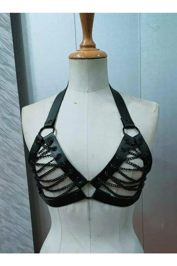 Candy Collection - Black Chain Lace-Up Bra Top Harness