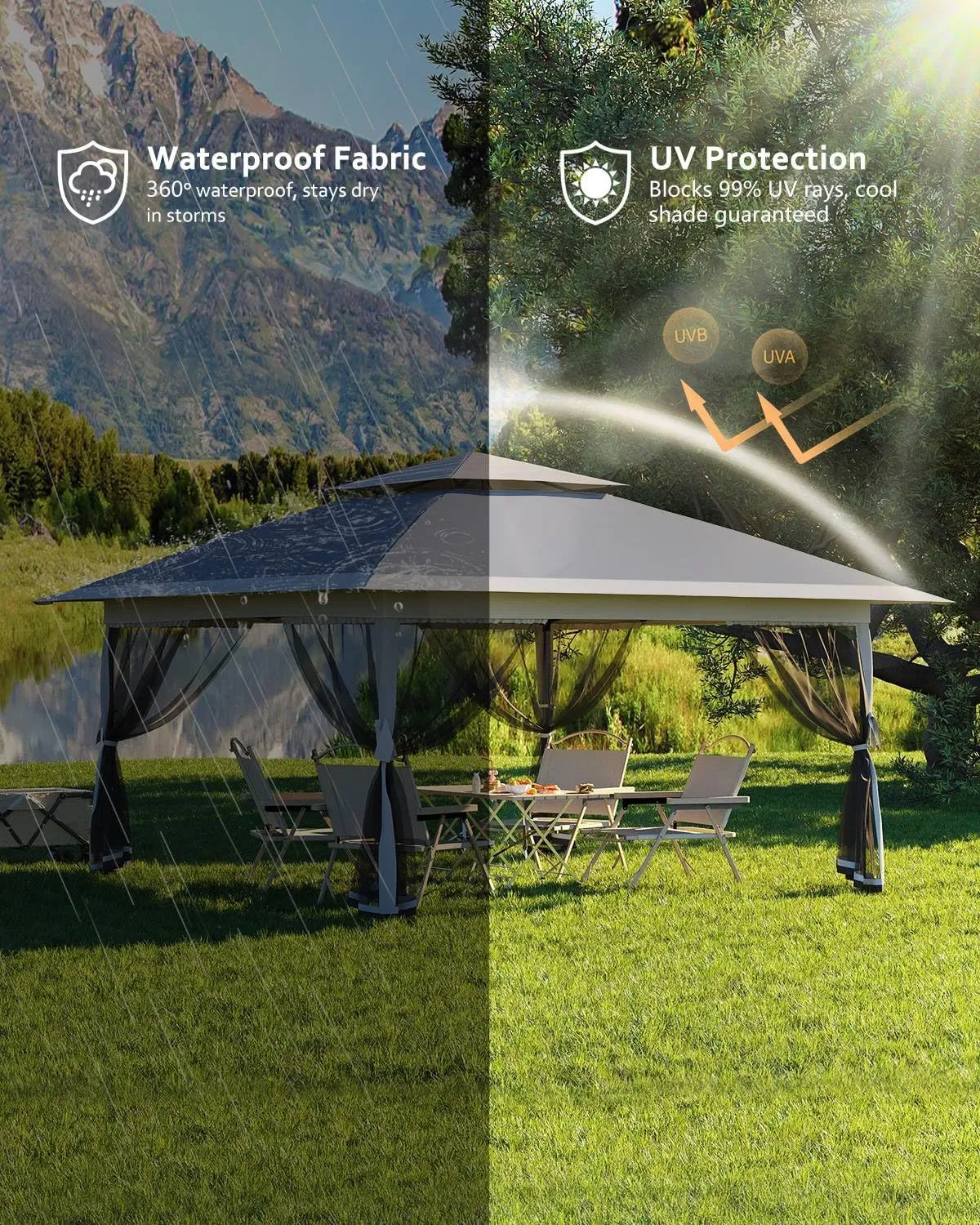 Canopy Tent 13x13, Pop Up Gazebo Tent Easy Setup with 4 Sand Bags for Backyard Garden Patio,Mosquito Netting & Height Adjustable - Gray