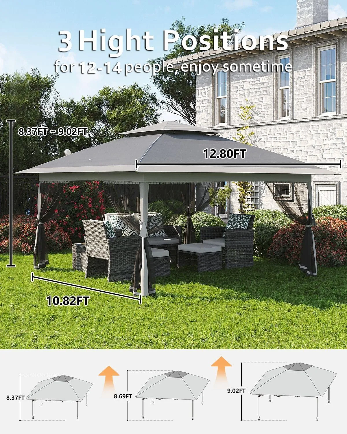 Canopy Tent 13x13, Pop Up Gazebo Tent Easy Setup with 4 Sand Bags for Backyard Garden Patio,Mosquito Netting & Height Adjustable - Gray