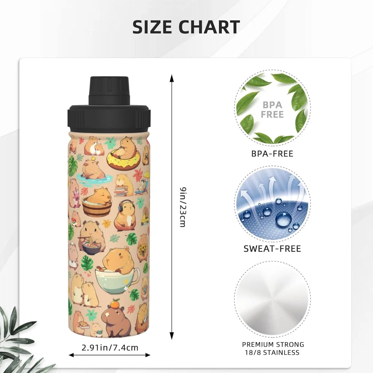 Capybara Gifts Tumbler Water Bottle 18 Oz Stainless Steel Vacuum Insulated Bottle Leak Proof Cup For Hot Or Cold Drinks