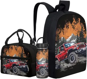 Car Boys Backpack 3 in 1 Set for 3-9 Years Kids Cool Bookbag for 2Nd 3Rd Children School Bag for Elementary Child 17 Inch Book Bags with Lunch Box Water Bottle