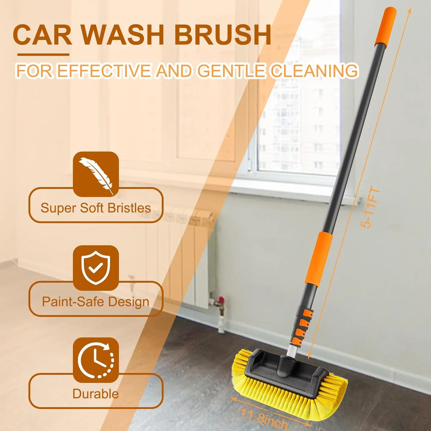 Car Wash Brush, 24FT Reach Telescopic Car Wash Brush with Long Handle, 12-Inch Soft Bristle Car Cleaning Brush for Cleaning Car, RV, Truck, Boat, Solar Panels