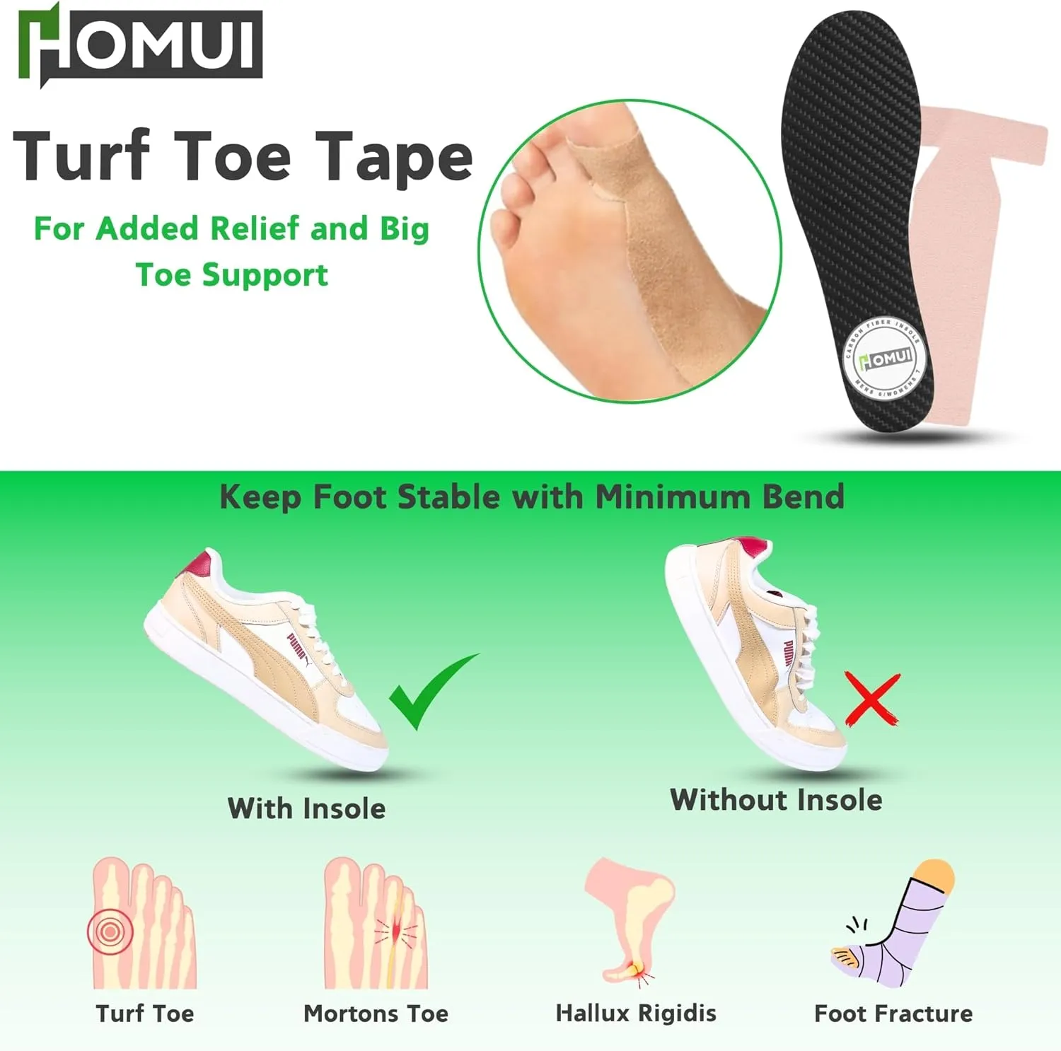 Carbon Fiber Insole (1 Pair) with Turf Toe Tape - Rigid Insole for Foot Pain Relief, Foot Fractures, Turf Toe, Hallux Rigidus, Mortons Extension - Alternative to Turf Toe Brace (M9/W10)