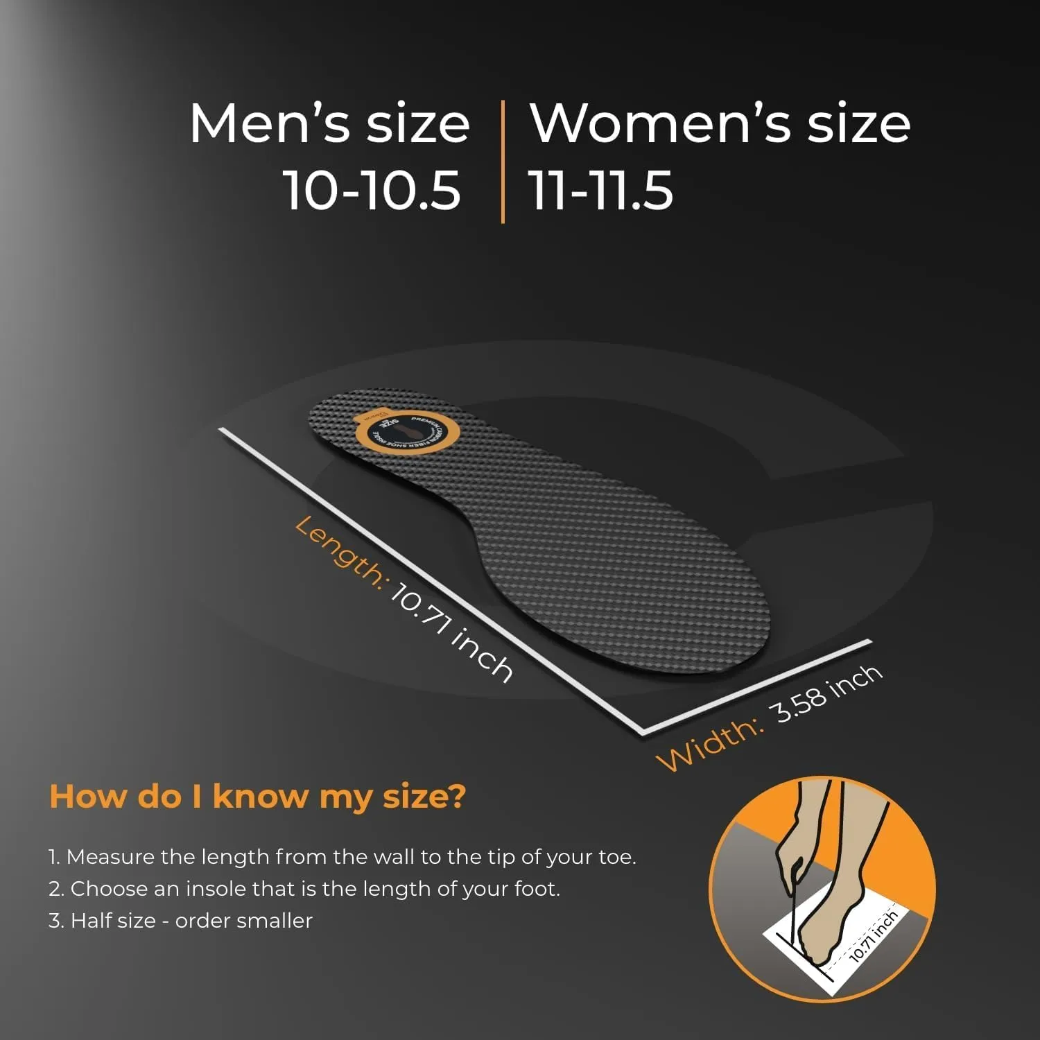 Carbon Fiber Insole - 1 pc, Men 9.5, Women 10-10.5 - Unisex Shoe Insert - Stiff Foot Plate - Orthotic Insole - Turf Toe, Hallux Rigidus, Flat Feet, Plantar Fasciitis, Mortons Extension