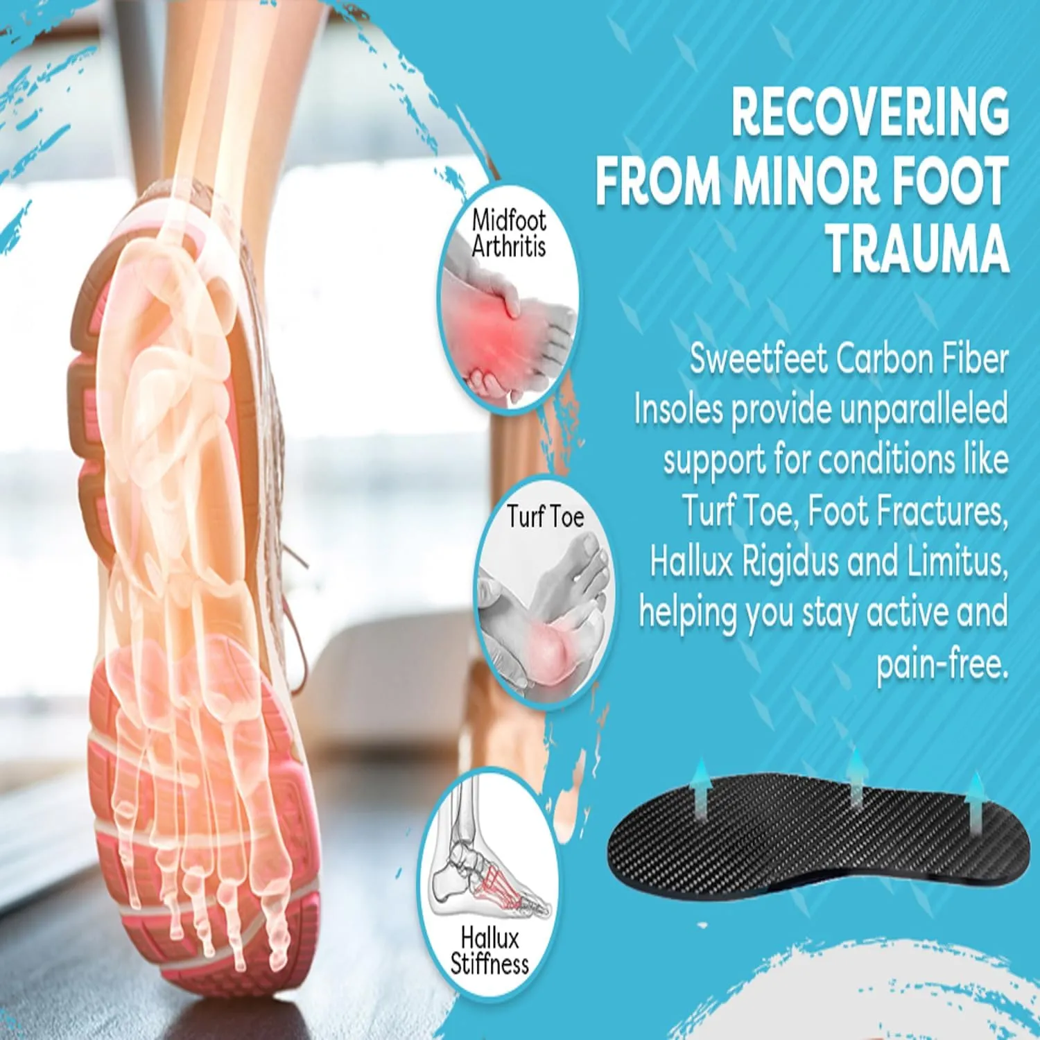 Carbon Fiber Insoles (1 Pair) for Foot Fractures, Hallux Rigidus - Rigid Shoe Inserts for Sports, Hiking, Basketball, Running - Post Op Shoe Alternative (9.05"| 6.5 Mens | 8 Womens)