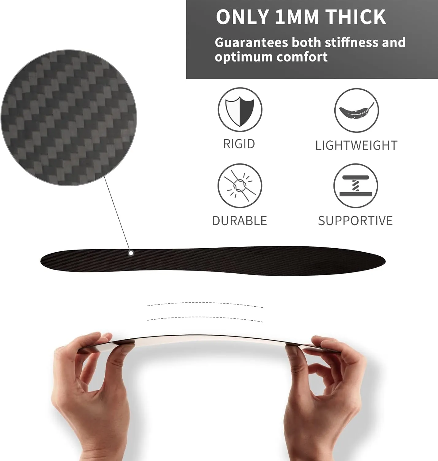 Carbon Fiber Insoles 2 Pcs, 1mm Full Length Rigid Shoe Inserts for Sports, Stiffener Insole for Men Women Foot Support by V.Step, Black, 255MM