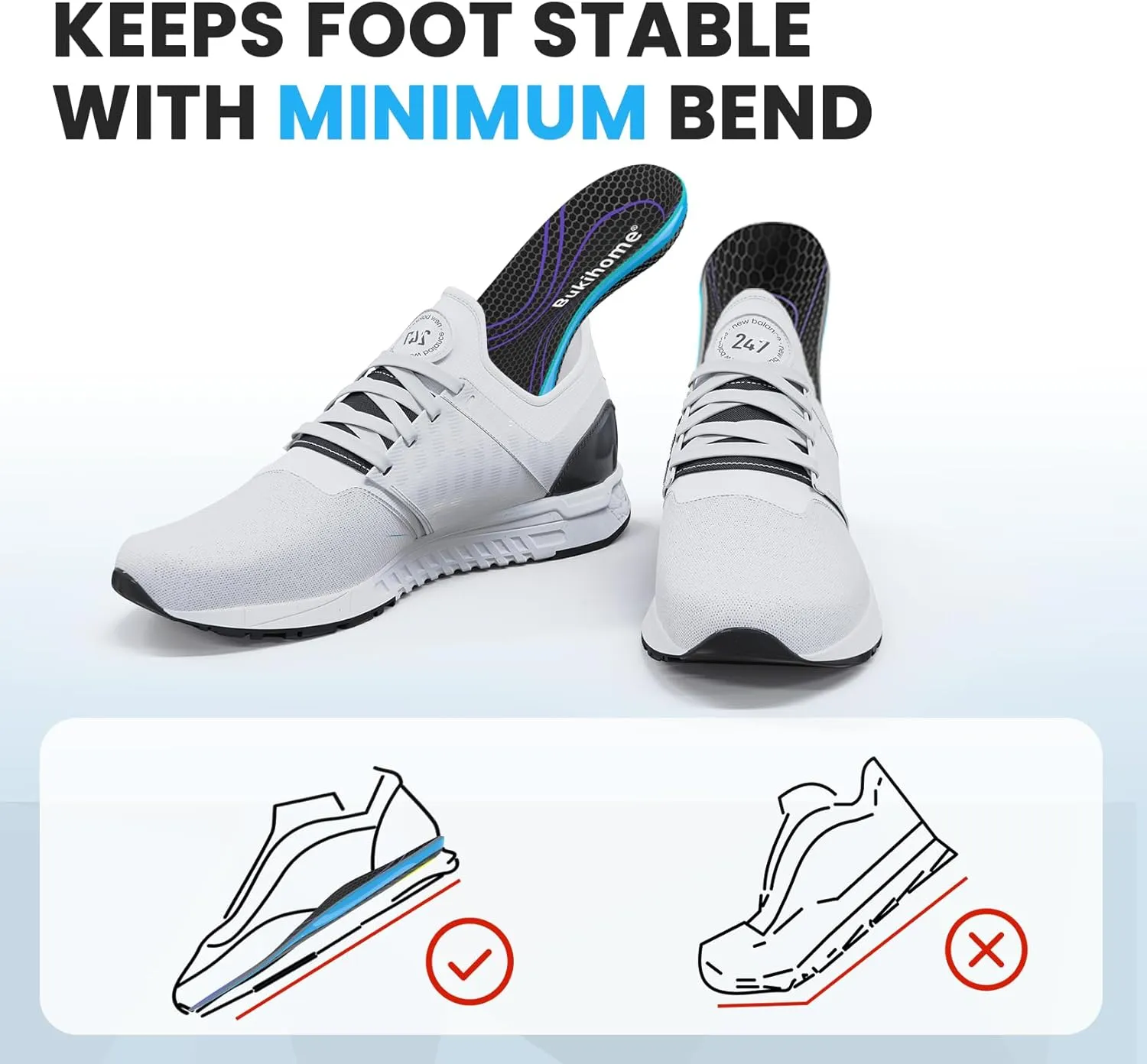 Carbon Fiber Insoles for Men & Women - Bukihome（1 Pair） High Arch & Rigid Support - Non-Cleated Shoes - Running, Hiking - Basketball, Volleyball, Racquet Sports - Injury Prevention - M