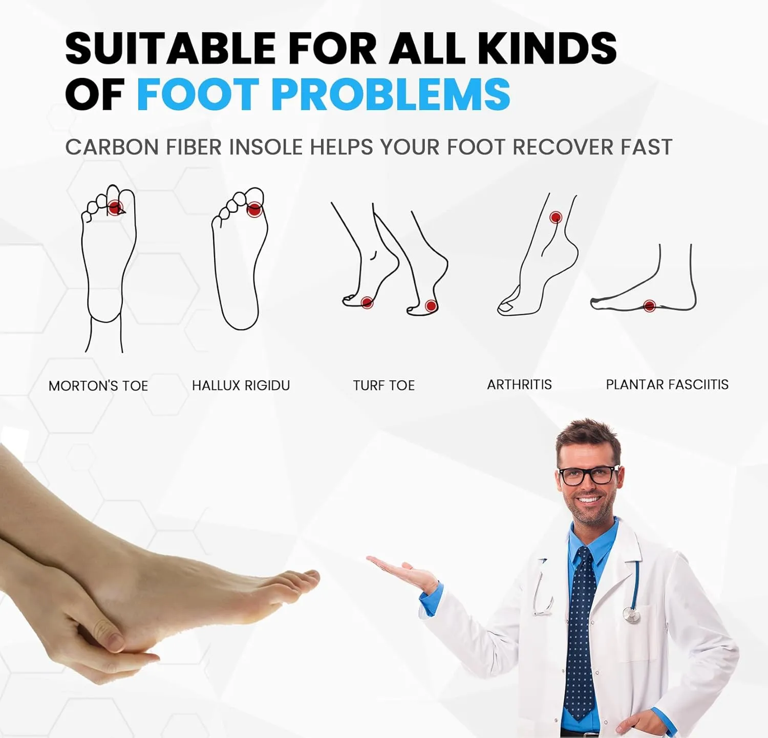 Carbon Fiber Insoles for Men & Women - Bukihome（1 Pair） High Arch & Rigid Support - Non-Cleated Shoes - Running, Hiking - Basketball, Volleyball, Racquet Sports - Injury Prevention - M