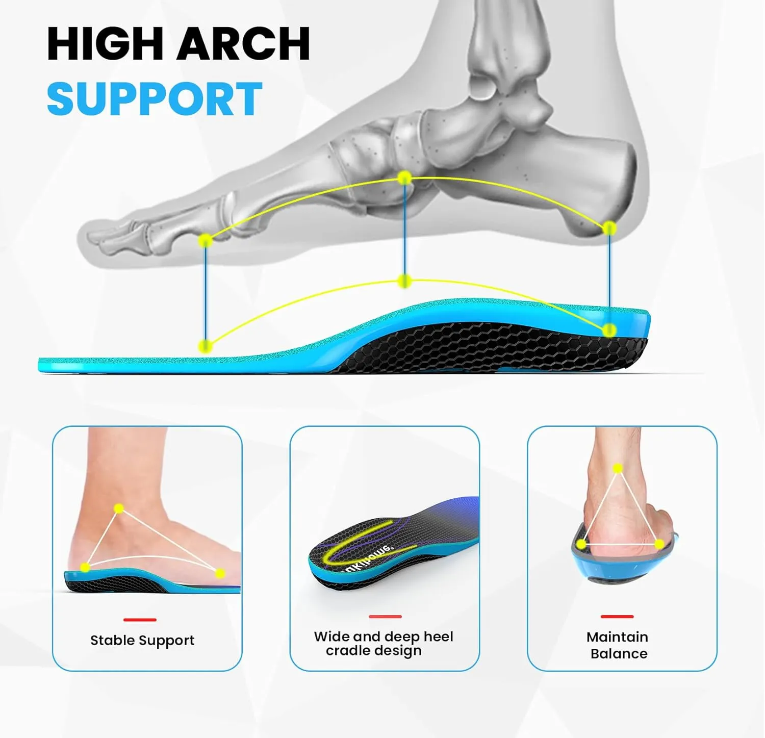 Carbon Fiber Insoles for Men & Women - Bukihome（1 Pair） High Arch & Rigid Support - Non-Cleated Shoes - Running, Hiking - Basketball, Volleyball, Racquet Sports - Injury Prevention - M