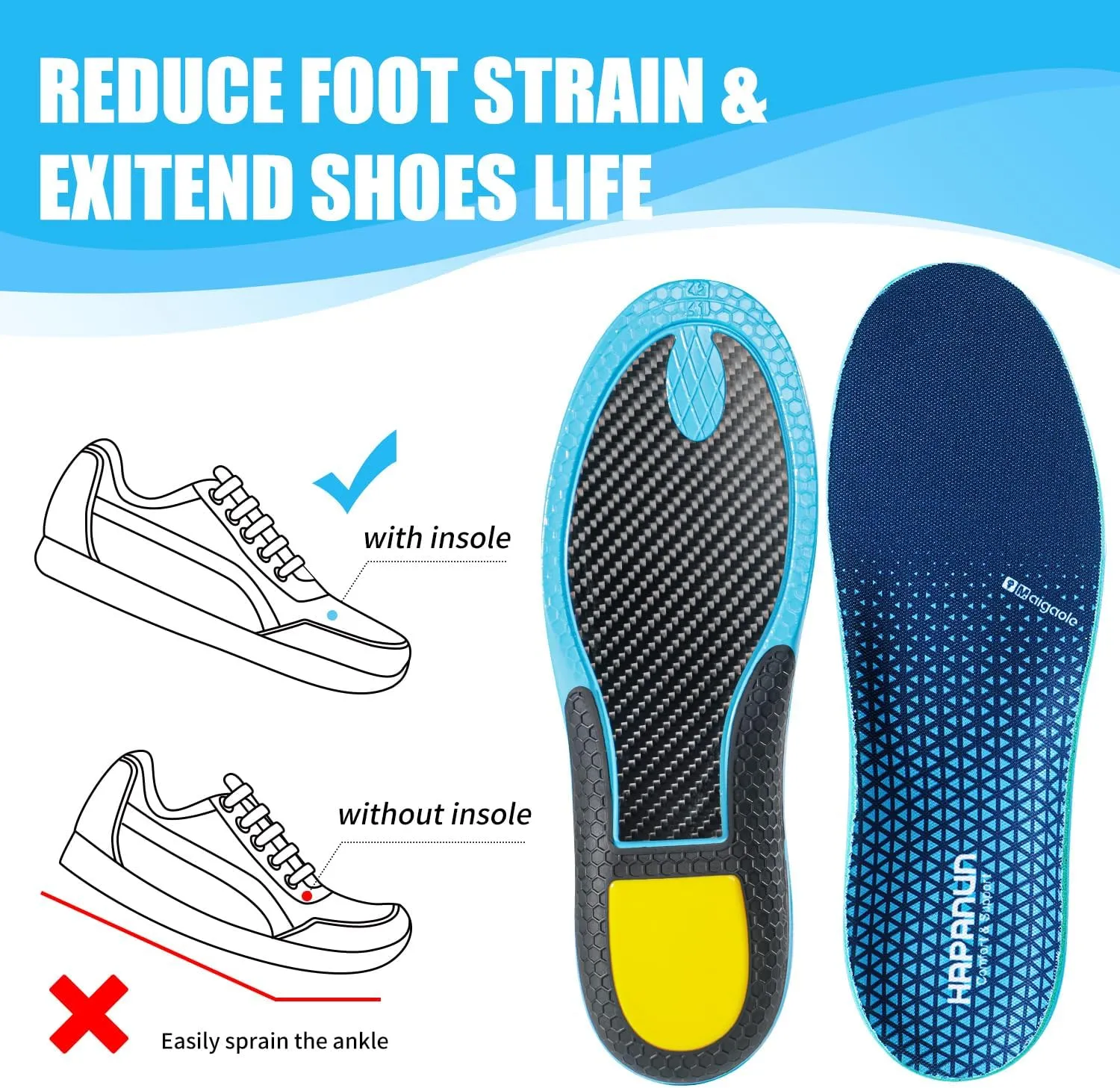 Carbon Fiber Shock-Absorbing Insole with Arch Support is Suitable for Basketball, Running, Cycling, Outdoor Hiking and Other Daily Sports. (Blue, M：6.5/7丨W：7.5/8（260mm）)