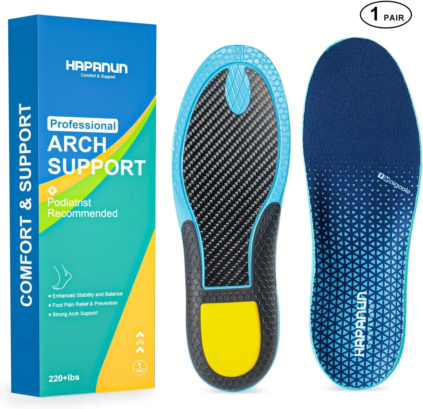 Carbon Fiber Shock-Absorbing Insole with Arch Support is Suitable for Basketball, Running, Cycling, Outdoor Hiking and Other Daily Sports. (Blue, M：6.5/7丨W：7.5/8（260mm）)