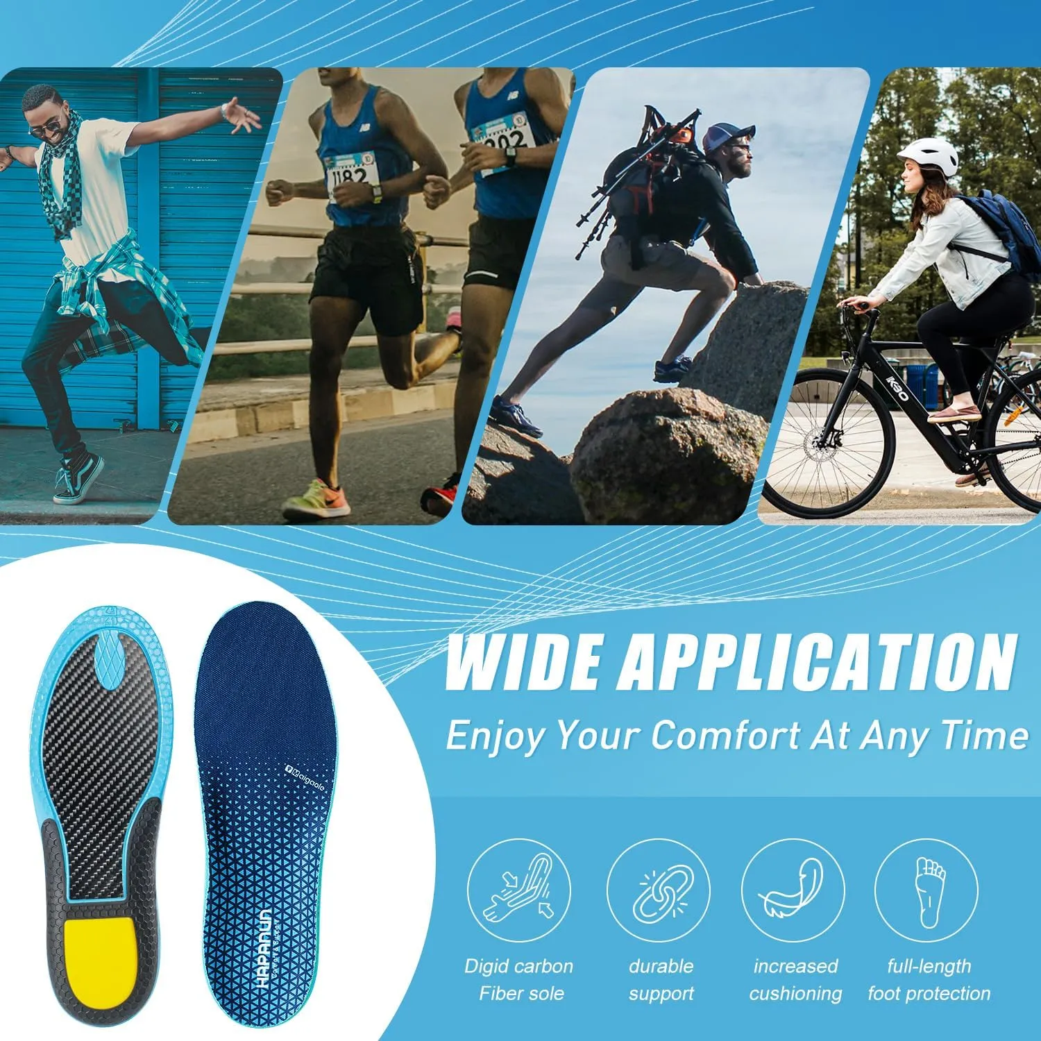 Carbon Fiber Shock-Absorbing Insole with Arch Support is Suitable for Basketball, Running, Cycling, Outdoor Hiking and Other Daily Sports. (Blue, M：6.5/7丨W：7.5/8（260mm）)