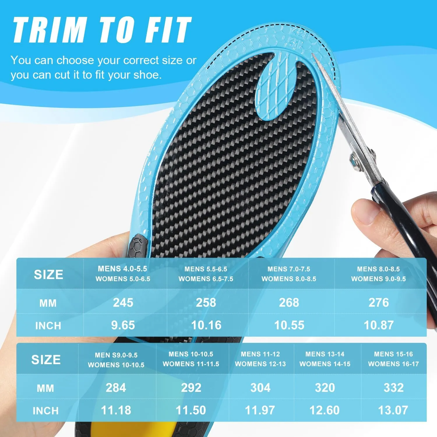 Carbon Fiber Shock-Absorbing Insole with Arch Support is Suitable for Basketball, Running, Cycling, Outdoor Hiking and Other Daily Sports. (Blue, M：7.5/8丨W：8.5/9（270mm）)