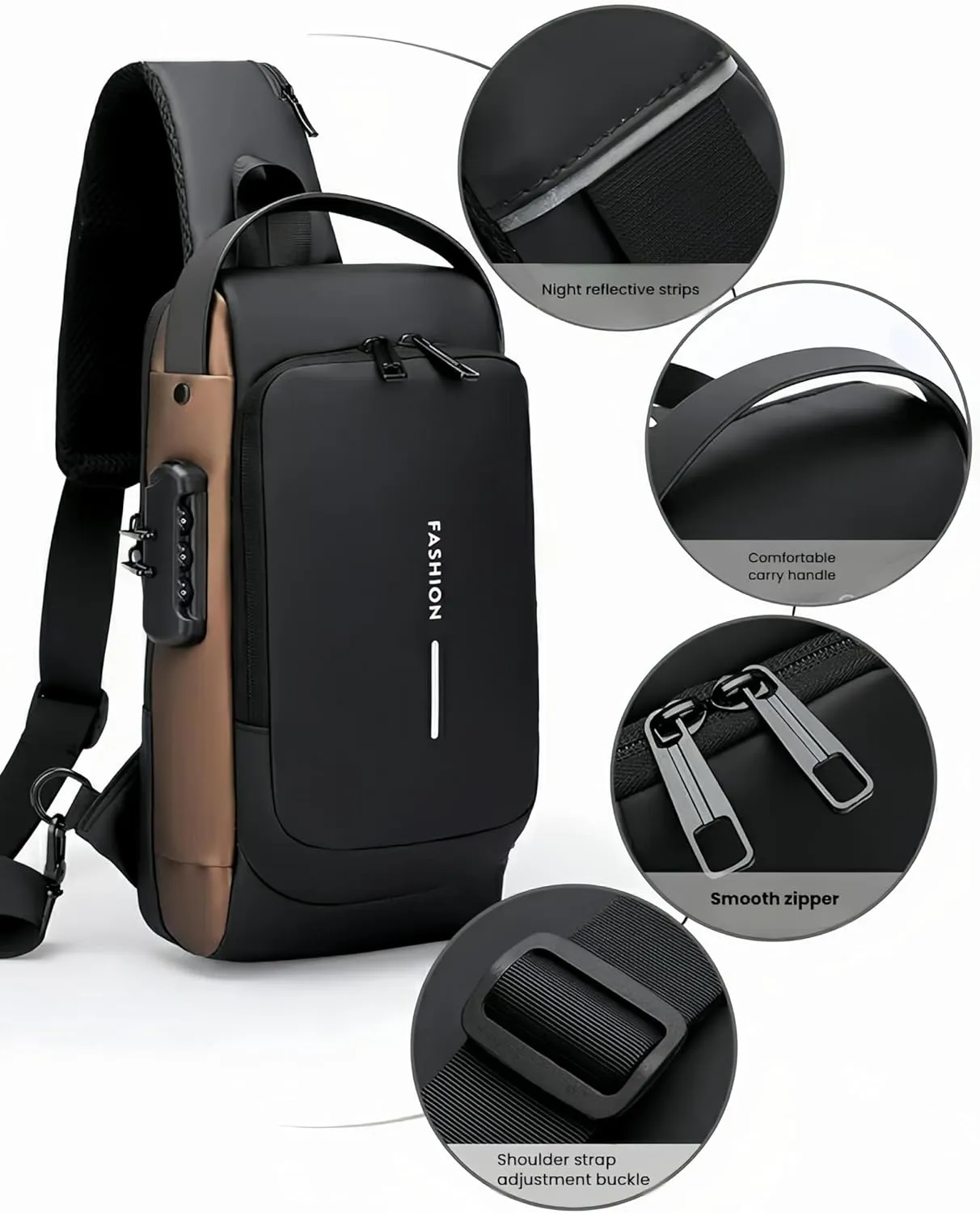 Carbon fiber streamline anti-theft shoulder bag, USB charging sports waterproof shoulder bag (Blue gold)