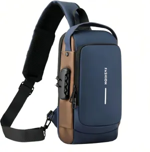 Carbon fiber streamline anti-theft shoulder bag, USB charging sports waterproof shoulder bag (Blue gold)