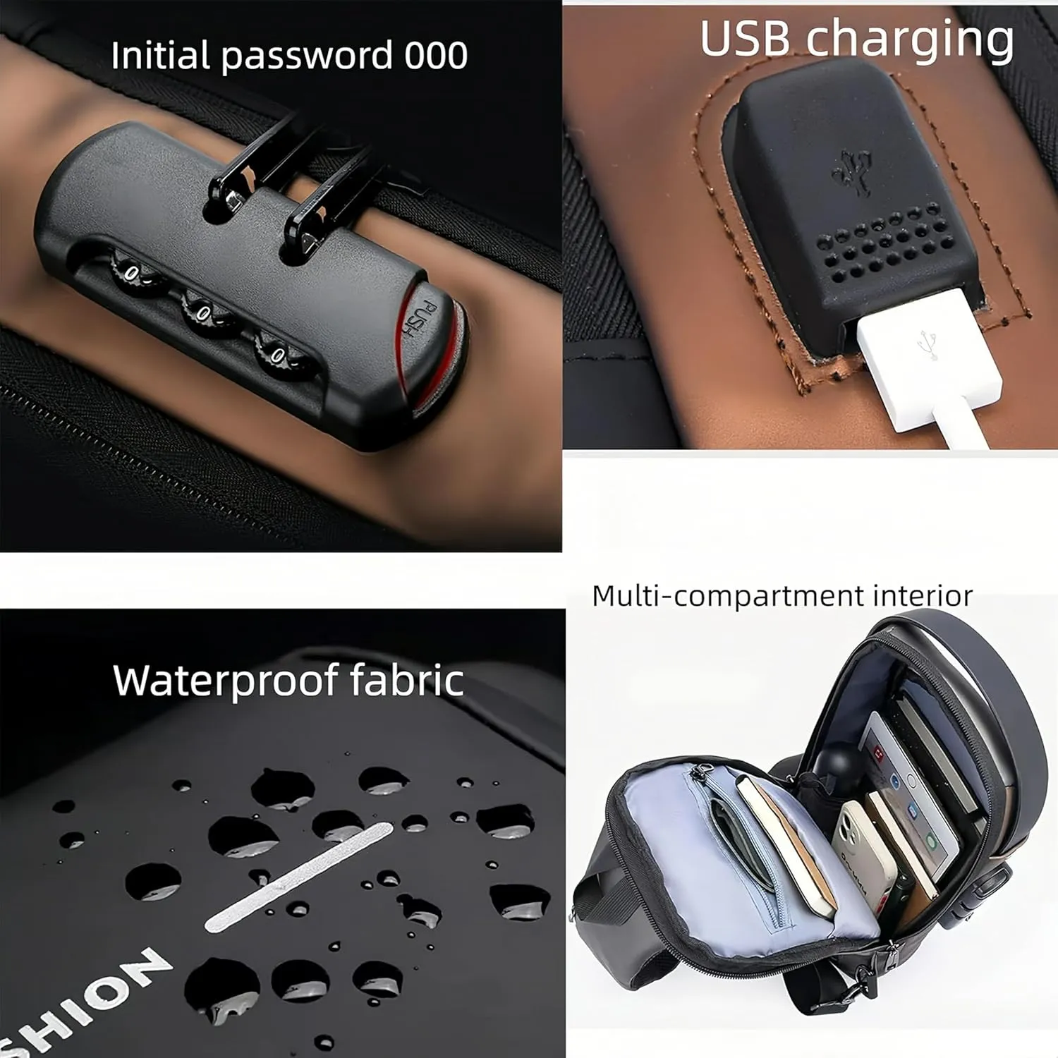 Carbon fiber streamline anti-theft shoulder bag, USB charging sports waterproof shoulder bag (Blue gold)