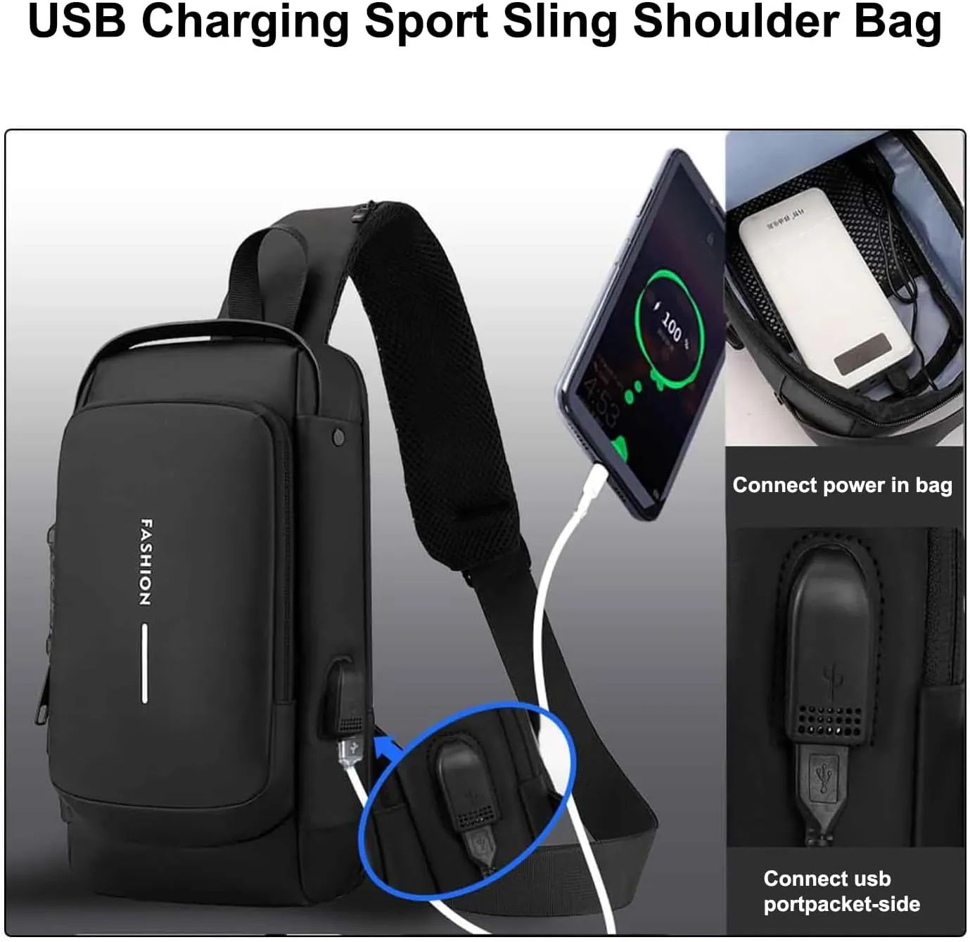 Carbon Fiber Streamline Anti-theft Sling Bag, Waterproof Durable Crossbody Bag with USB Charging Port (Black Gold)