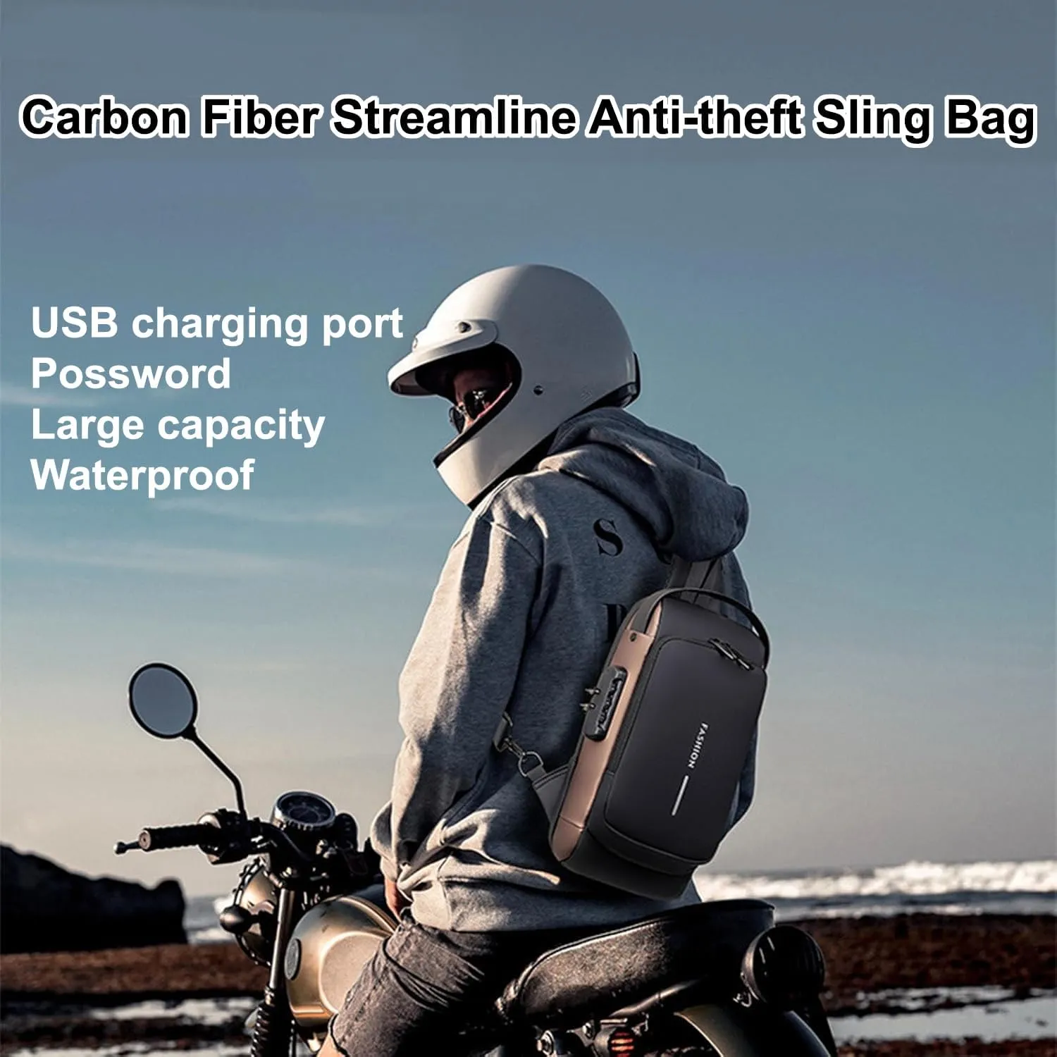 Carbon Fiber Streamline Anti-theft Sling Bag, Waterproof Durable Crossbody Bag with USB Charging Port (Black Gold)