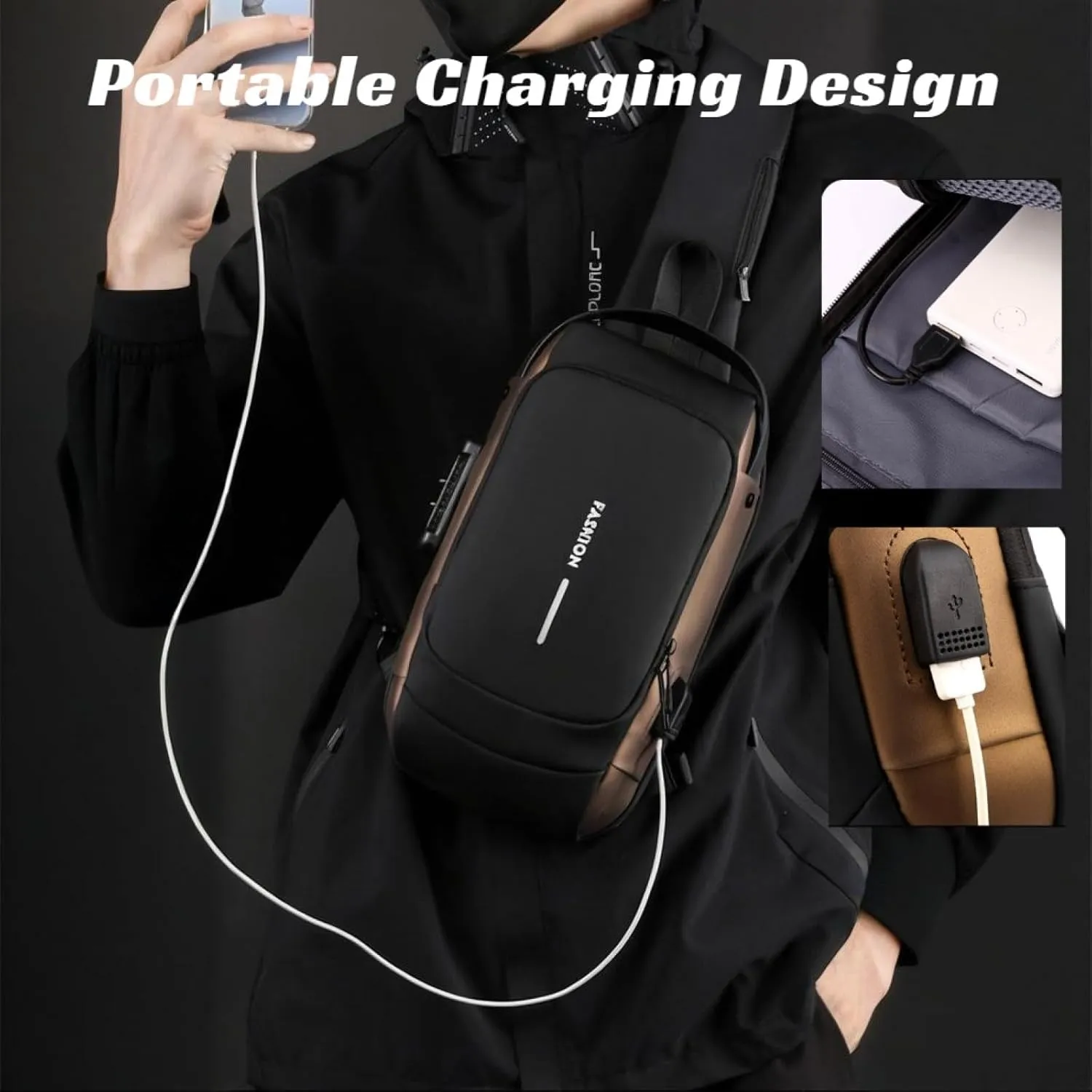 Carbon Fiber Streamline Anti-theft Sling Bag with USB Port & Waterproof, Lightweight Crossbody Bag for Hiking, Everyday Use