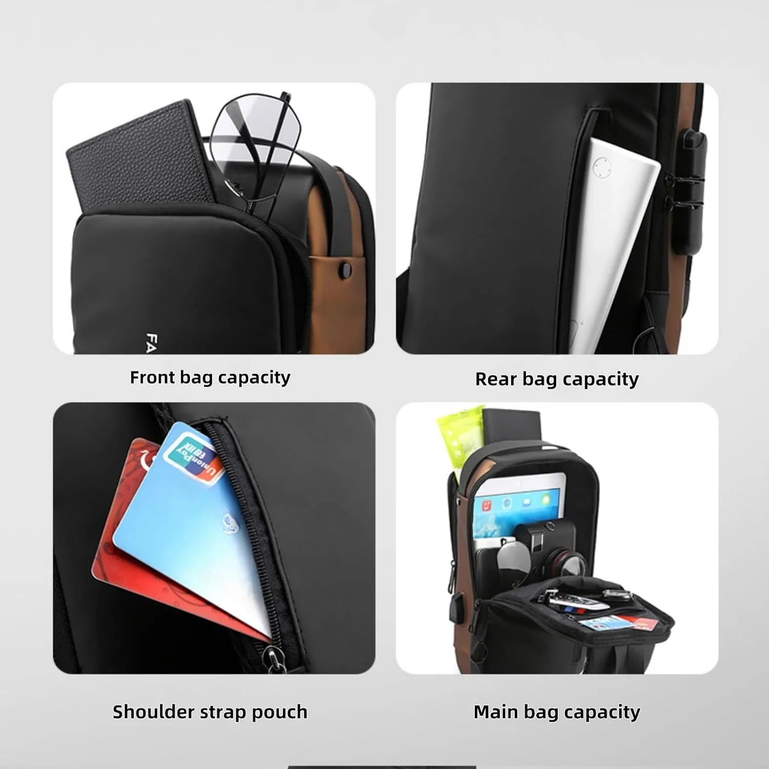 Carbon Fiber Streamlined Anti-theft Crossbody Bag, USB Charging Sports Sling Bag, Waterproof Shoulder Bag, Fashionable Crossbody Bag Suitable for Sports and Leisure (Black Collage Gold)